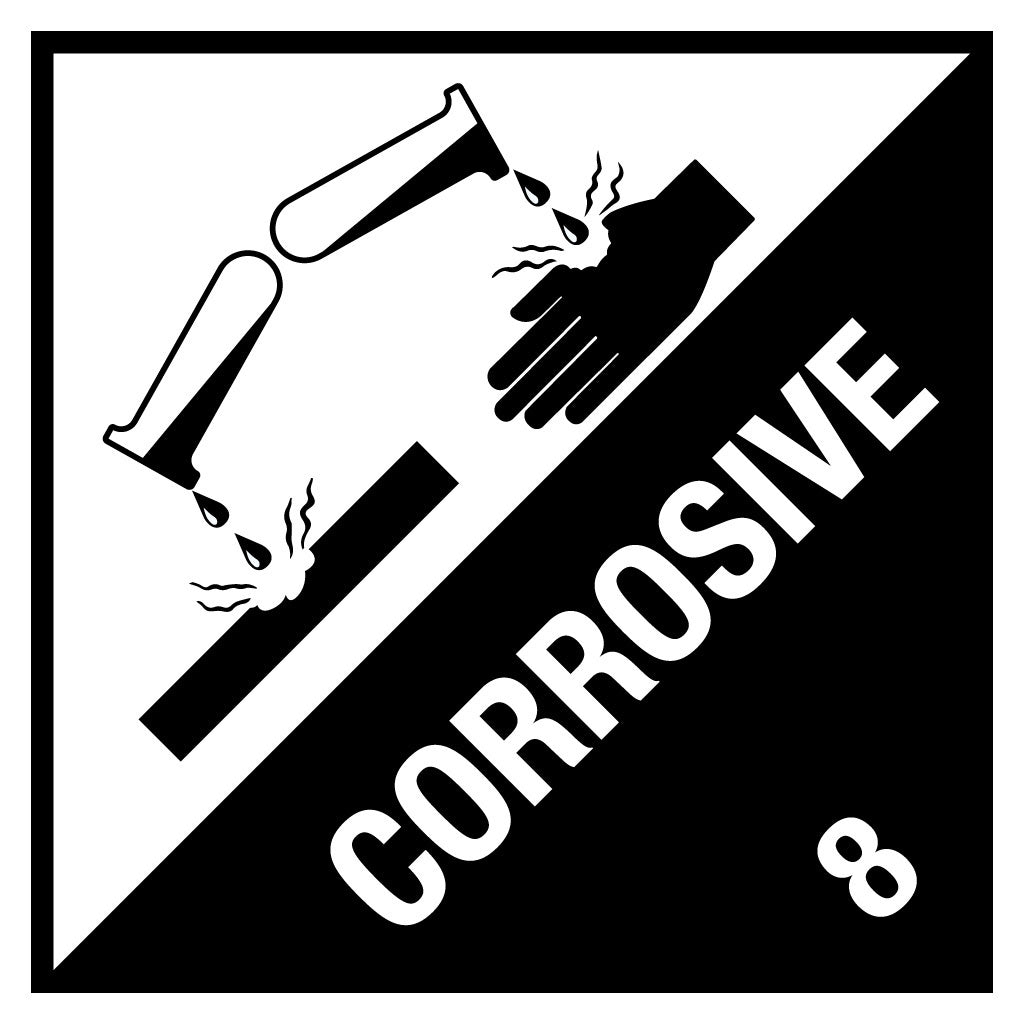 Corrosive 8 Sticker - Dangerous Goods 100mm x 100mm 500/Roll - Omni Packaging 