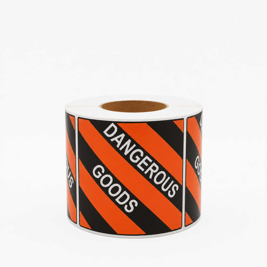 Dangerous Goods Orange and Black Stickers 100mm x 100mm 500 Per Roll