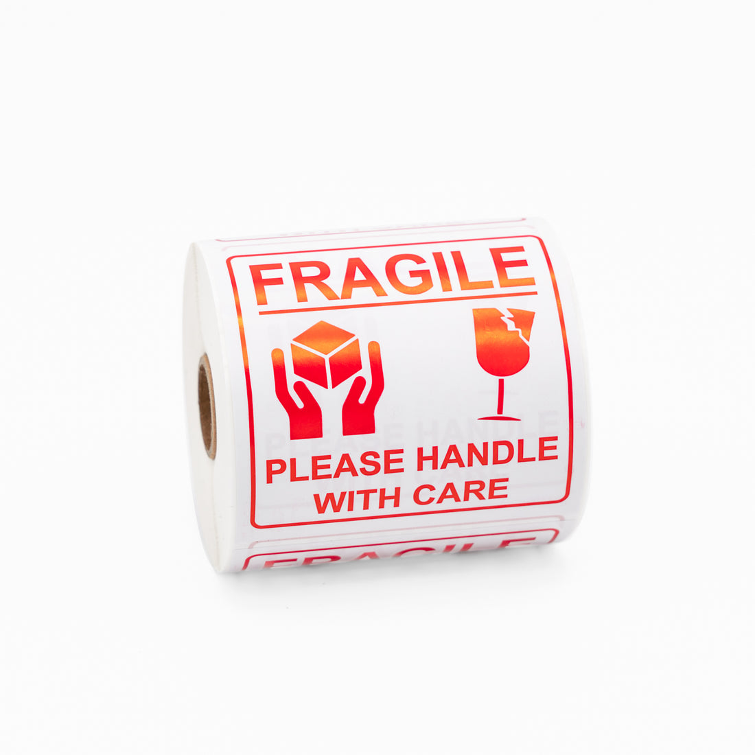 FRAGILE, PLEASE HANDLE WITH CARE Sticker - Printed Red on White 100mm x 100mm 500/roll - Omni Packaging 