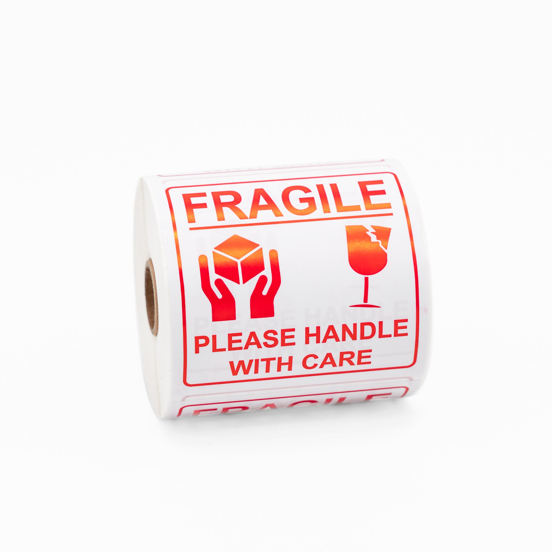 FRAGILE, PLEASE HANDLE WITH CARE Sticker - Printed Red on White 100mm x 100mm 500/roll - Omni Packaging 
