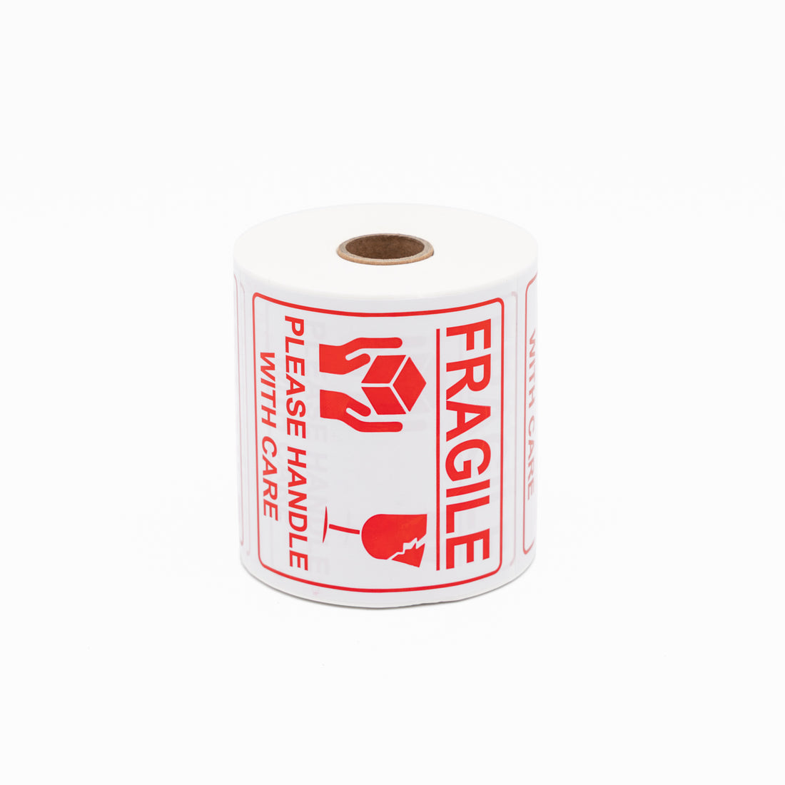 FRAGILE, PLEASE HANDLE WITH CARE Sticker - Printed Red on White 100mm x 100mm 500/roll - Omni Packaging 