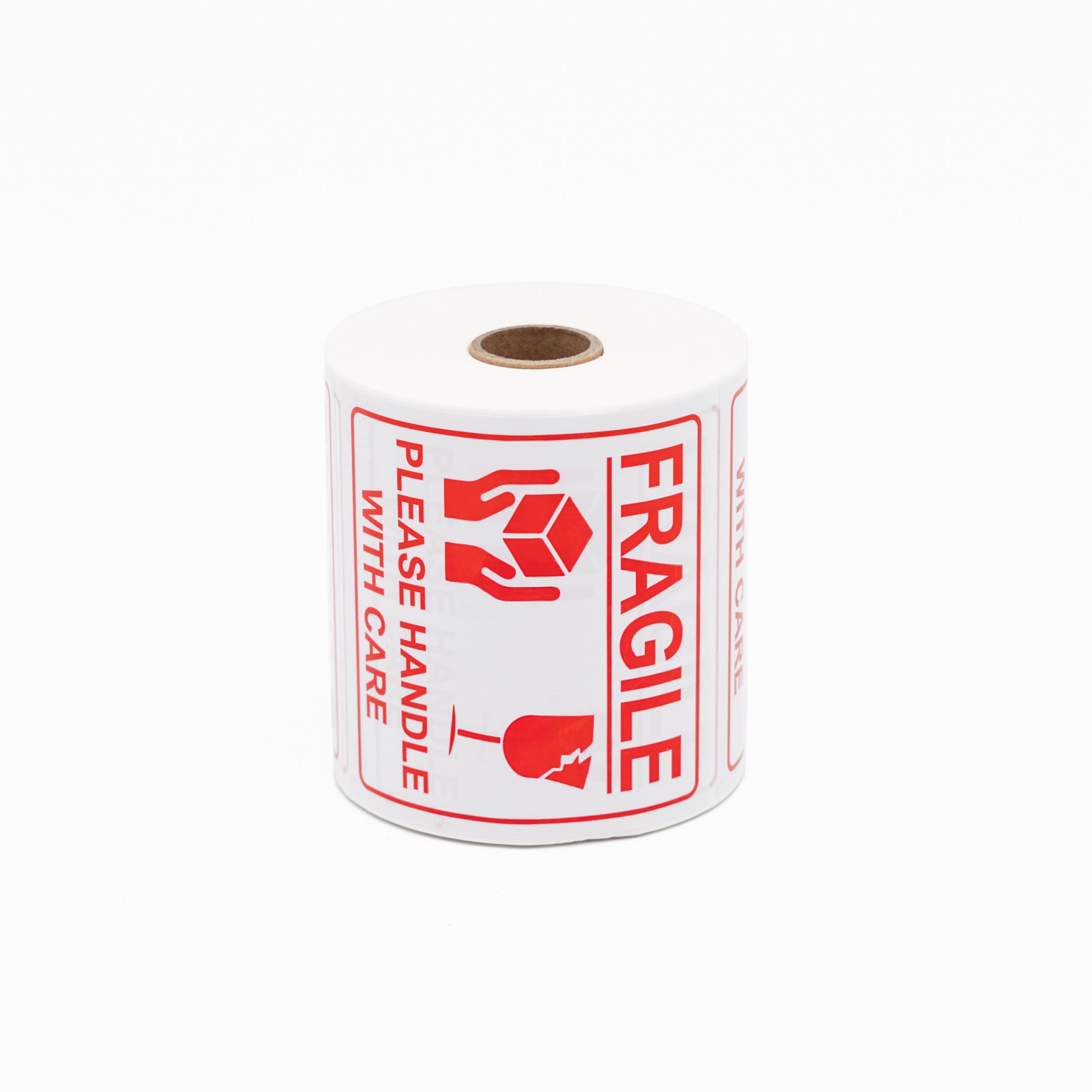 FRAGILE, PLEASE HANDLE WITH CARE Sticker - Printed Red on White 100mm x 100mm 500/roll - Omni Packaging 