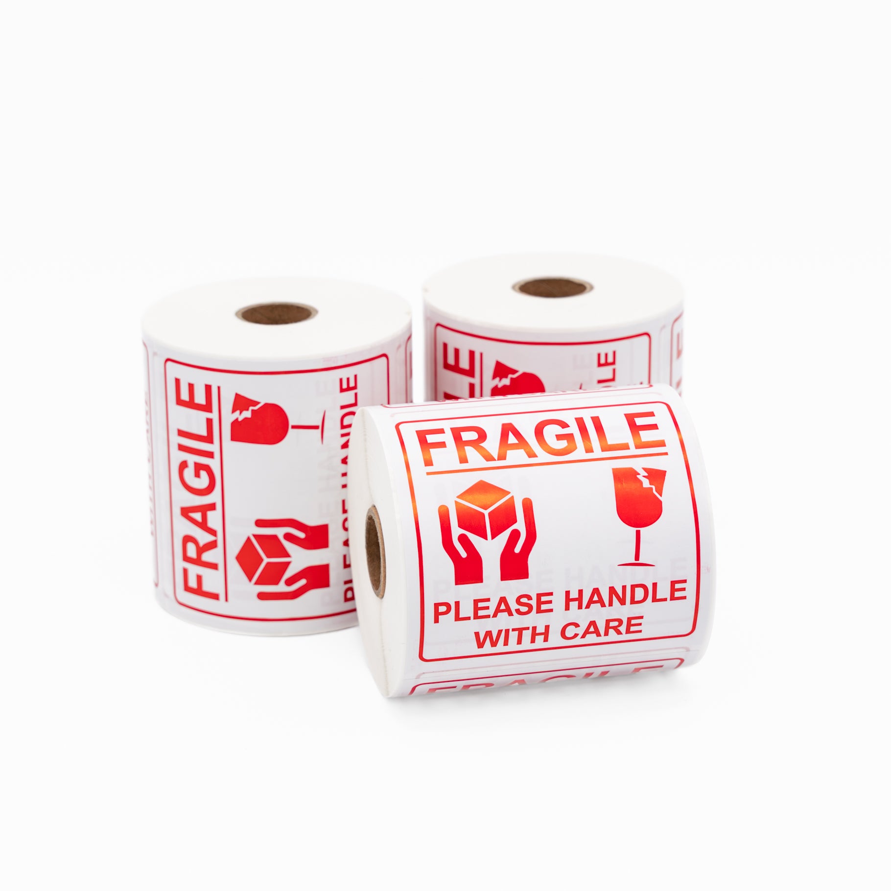 FRAGILE, PLEASE HANDLE WITH CARE Sticker - Printed Red on White 100mm x 100mm 500/roll - Omni Packaging 
