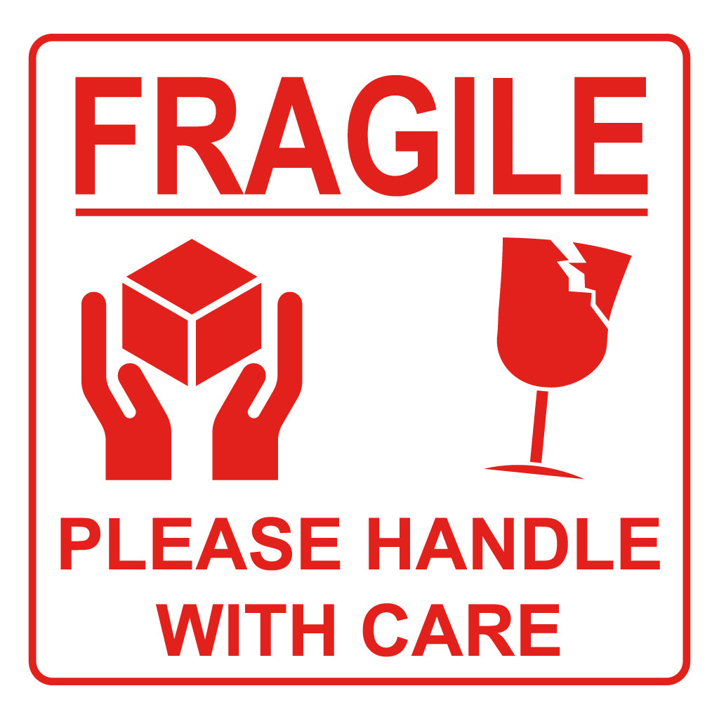 FRAGILE HANDLE WITH CARE Label - PVC Perforated Red on White 100mm x 100mm 500/roll - Omni Packaging 