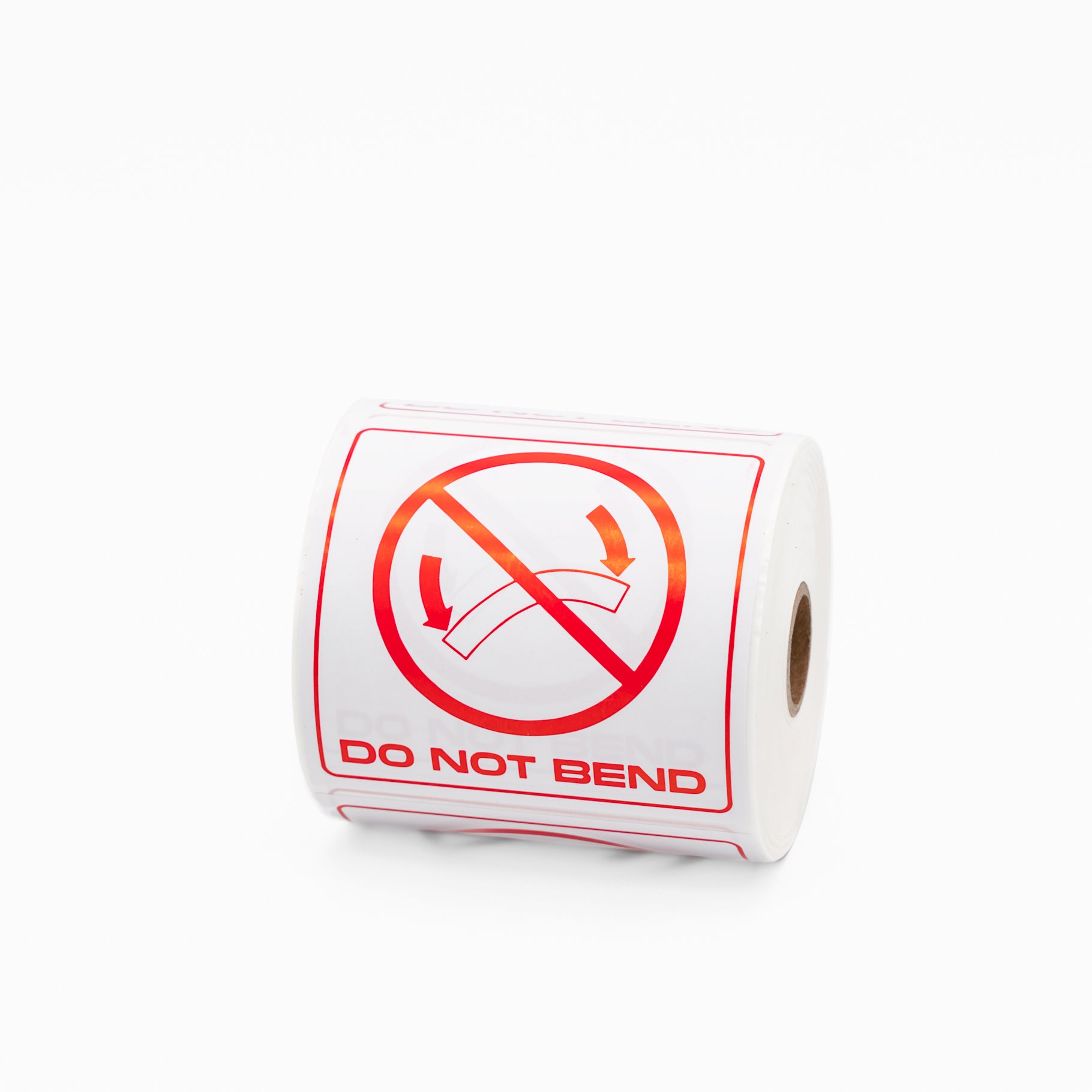 DO NOT BEND Sticker - Printed Red on White 100mm x 100mm 500/roll - Omni Packaging 