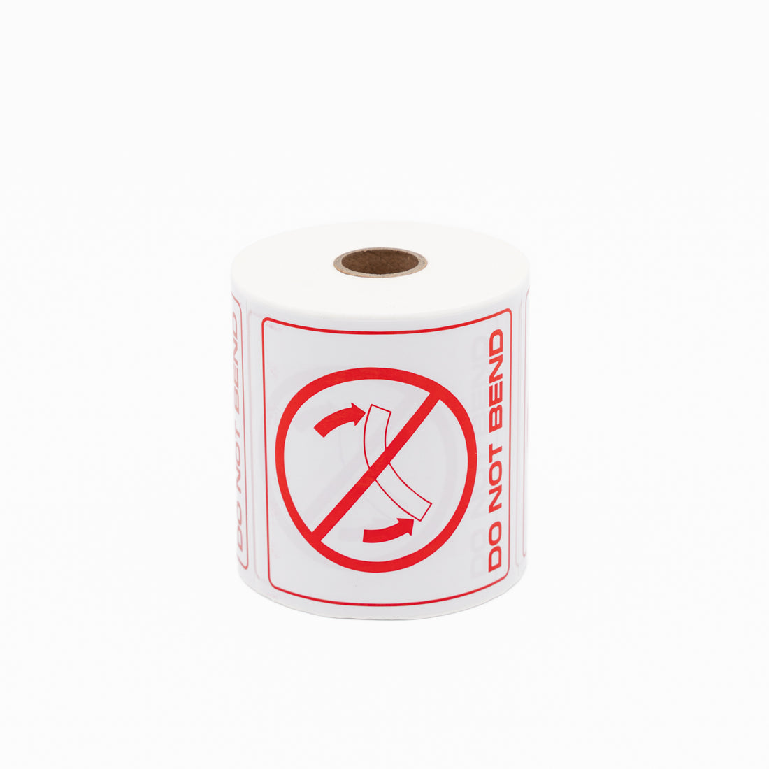 DO NOT BEND Sticker - Printed Red on White 100mm x 100mm 500/roll - Omni Packaging 