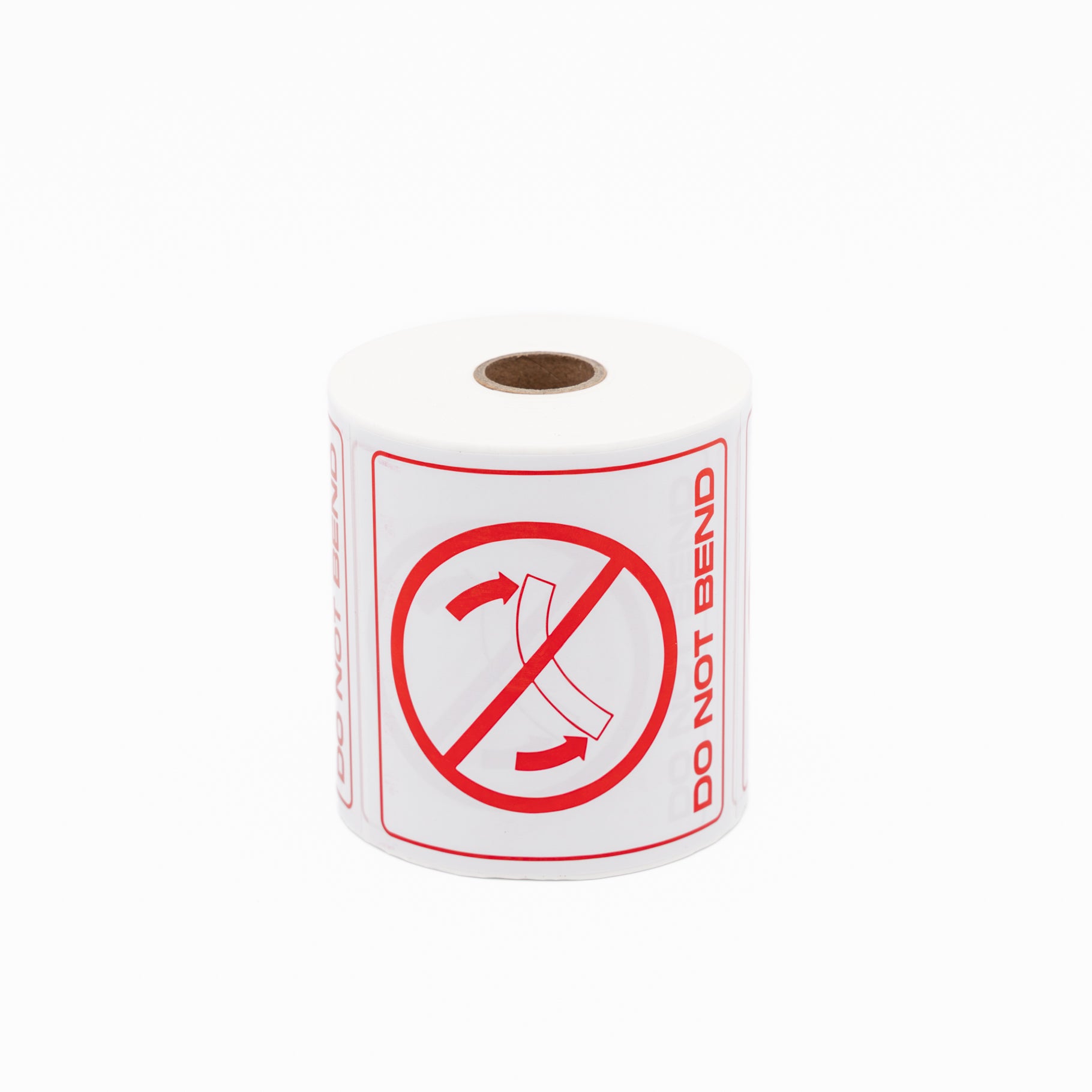DO NOT BEND Sticker - Printed Red on White 100mm x 100mm 500/roll - Omni Packaging 