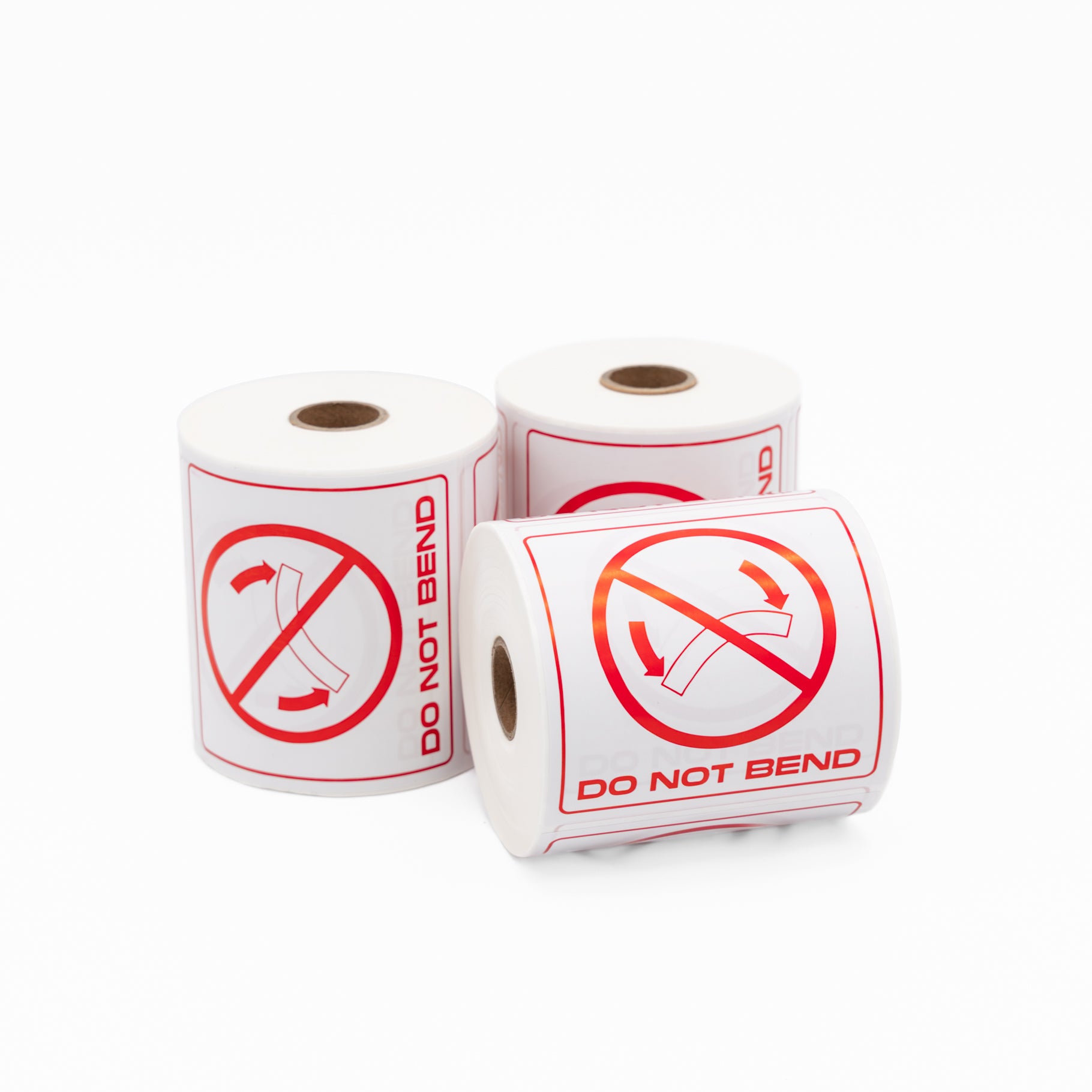 DO NOT BEND Sticker - Printed Red on White 100mm x 100mm 500/roll - Omni Packaging 