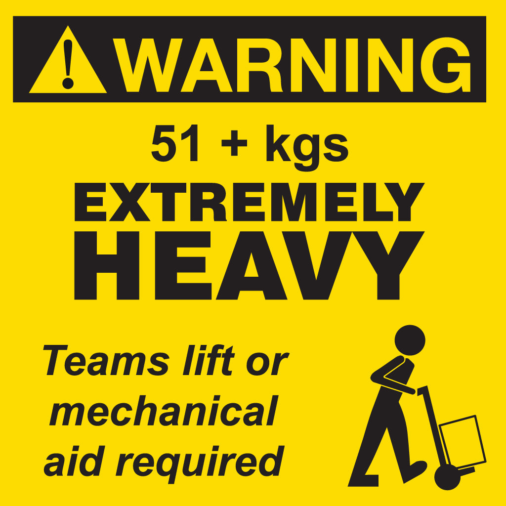 WARNING 50kg+ Label - Printed HEAVY Weight Yellow 100mm x 100mm 500/roll - Omni Packaging 