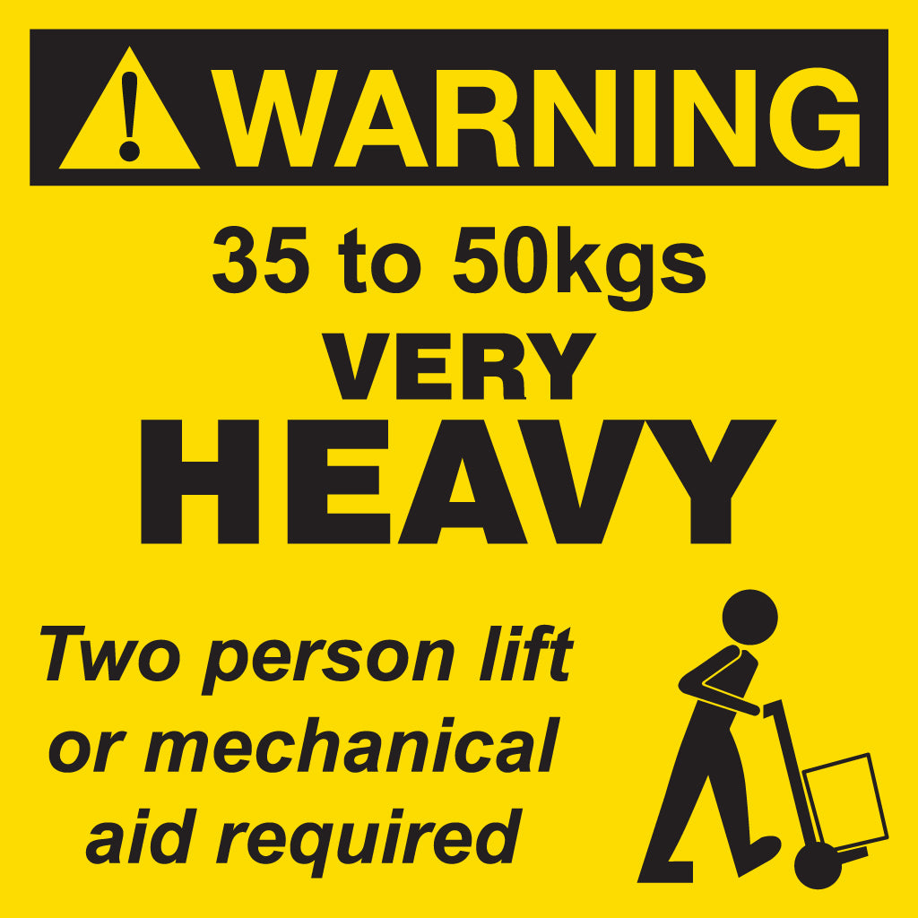 WARNING 35 to 50kg Label - Printed HEAVY Weight Yellow 100mm x 100mm 500/roll - Omni Packaging 