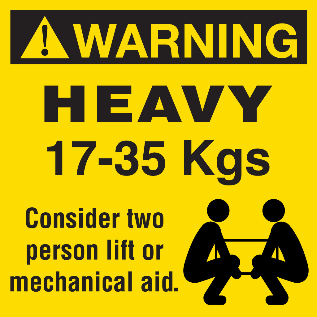 WARNING 17 to 35kg Label - Printed HEAVY Weight Yellow 100mm x 100mm 500/roll - Omni Packaging 