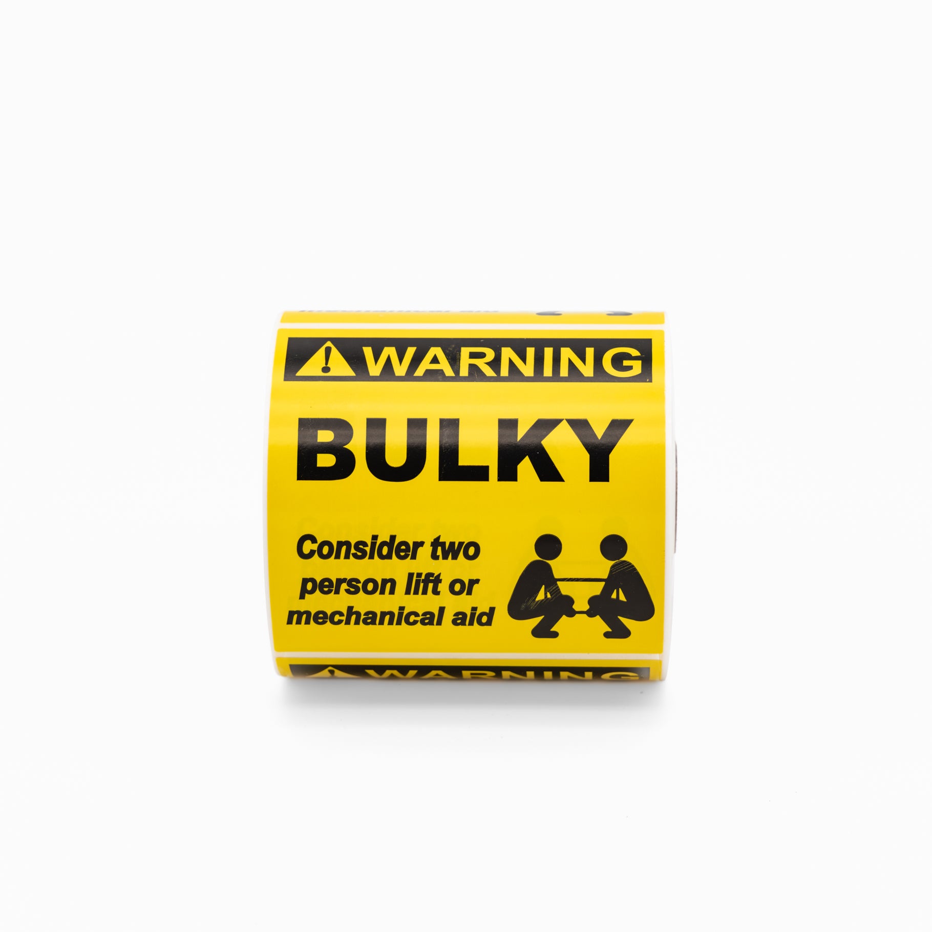 Printed Weight Label Stickers (WARNING BULKY) Black on Yellow 100mm x 100mm 500/roll - Omni Packaging 