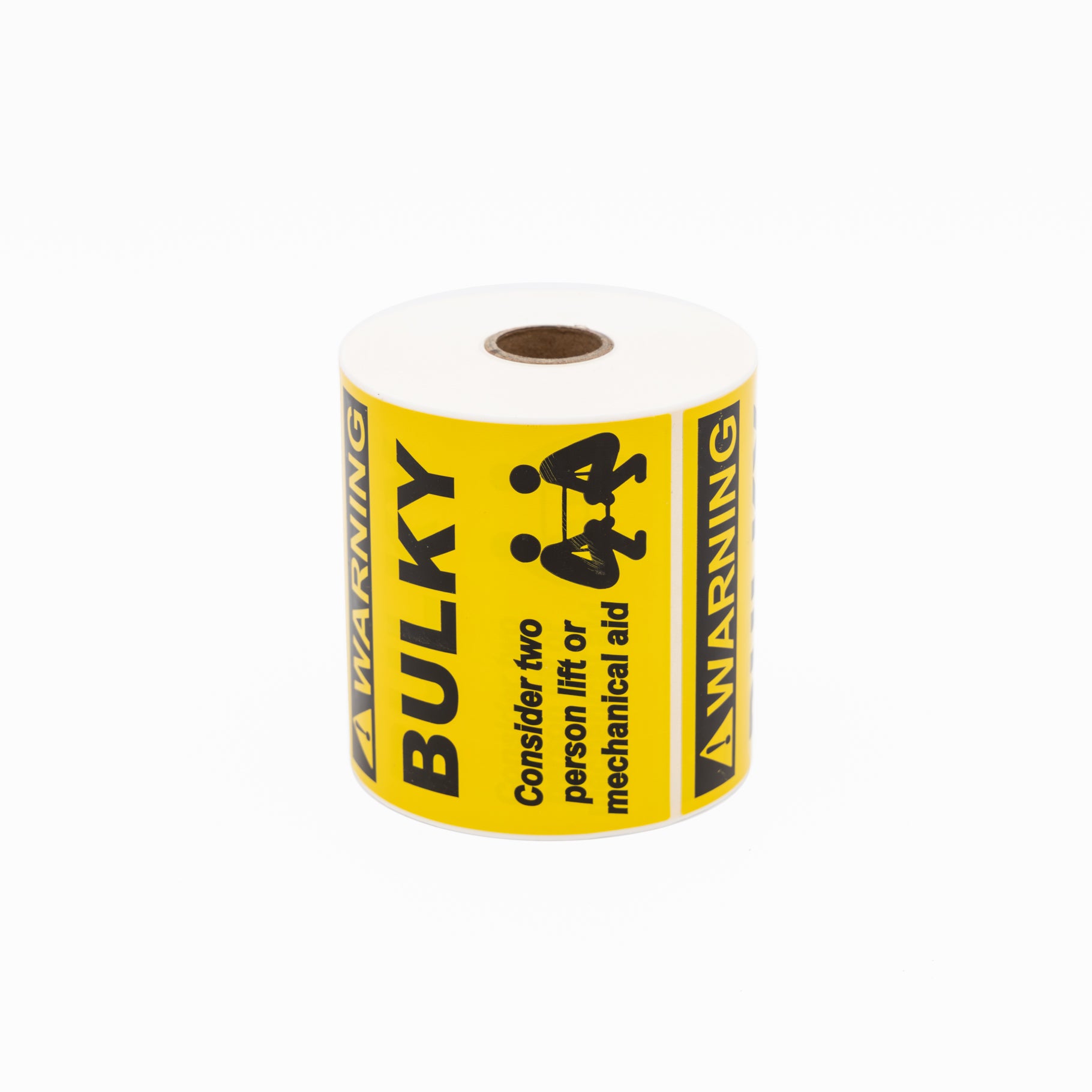 Printed Weight Label Stickers (WARNING BULKY) Black on Yellow 100mm x 100mm 500/roll - Omni Packaging 