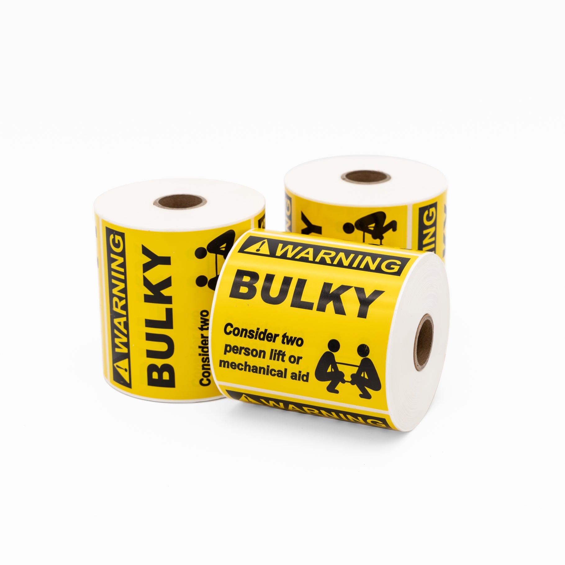 Printed Weight Label Stickers (WARNING BULKY) Black on Yellow 100mm x 100mm 500/roll - Omni Packaging 