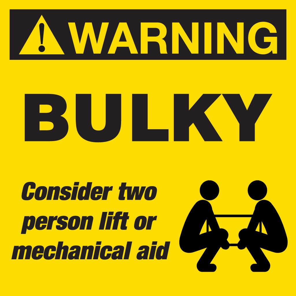 WARNING BULKY Label - Printed Weight Yellow 100mm x 100mm 500/roll - Omni Packaging 
