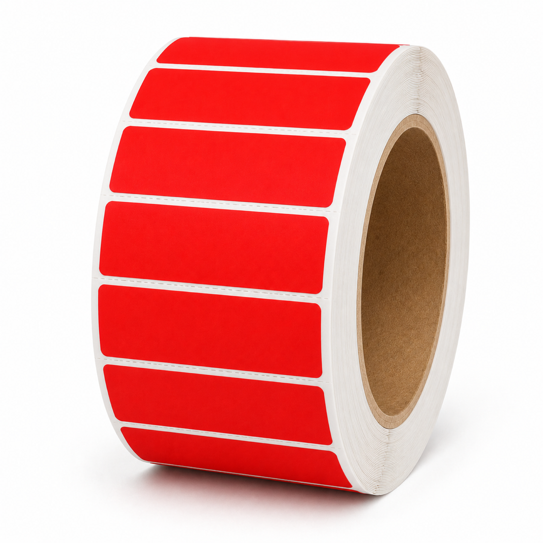 Thermal Direct Label Paper Red Permanent 102mm x 25mm Perf. 5100/roll 76mm core - Omni Packaging 