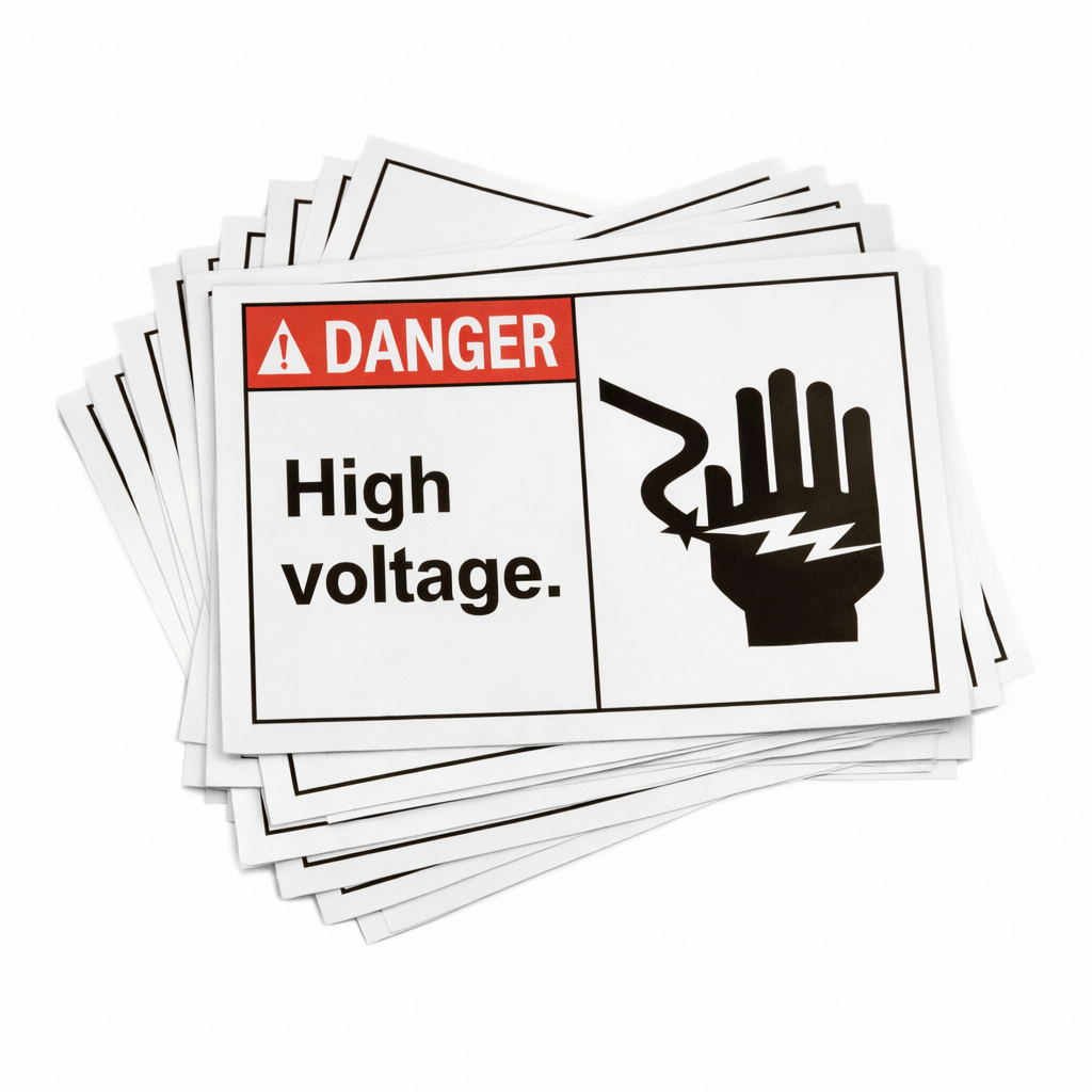 HIGH VOLTAGE Laminated Weatherproof PET Machinery Label 88mm x 125mm 5 Pack