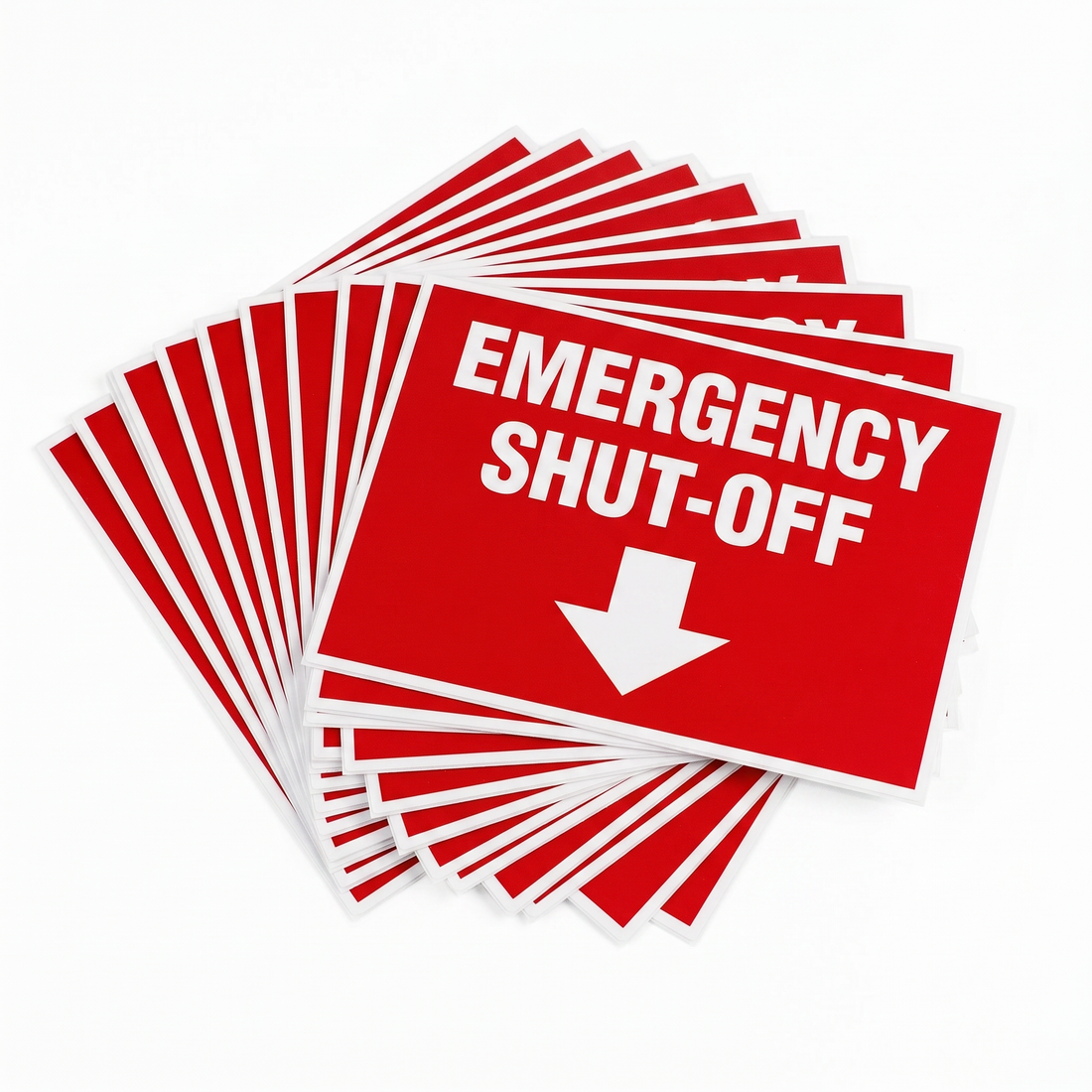 EMERGENCY SHUT-OFF Label - Laminated, weatherproof PET 125mm X 175mm 5/pack - Omni Packaging 