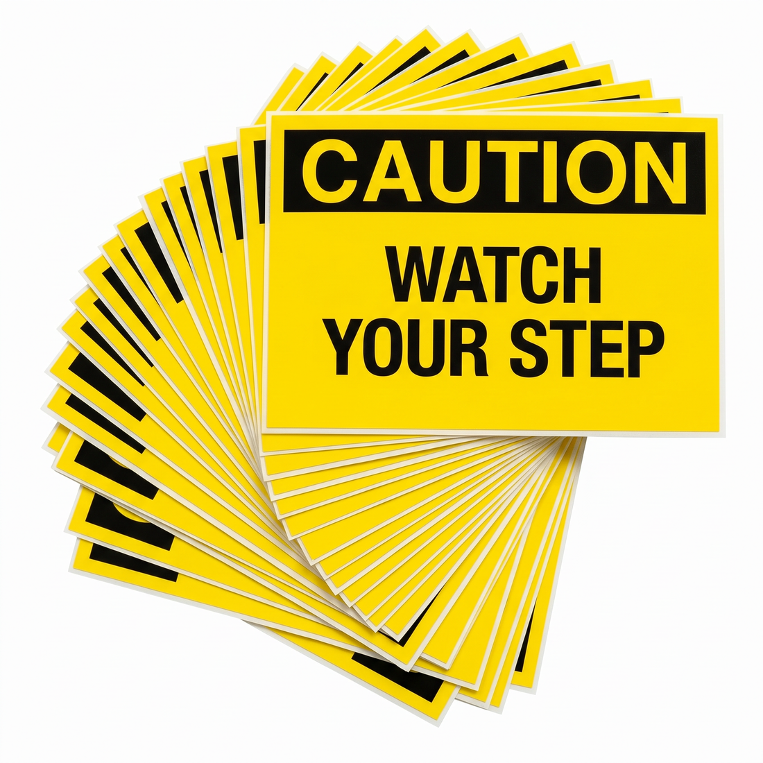 CAUTION WATCH YOUR STEP Label - Laminated, weatherproof PET 125mm X 175mm 5/pack - Omni Packaging 