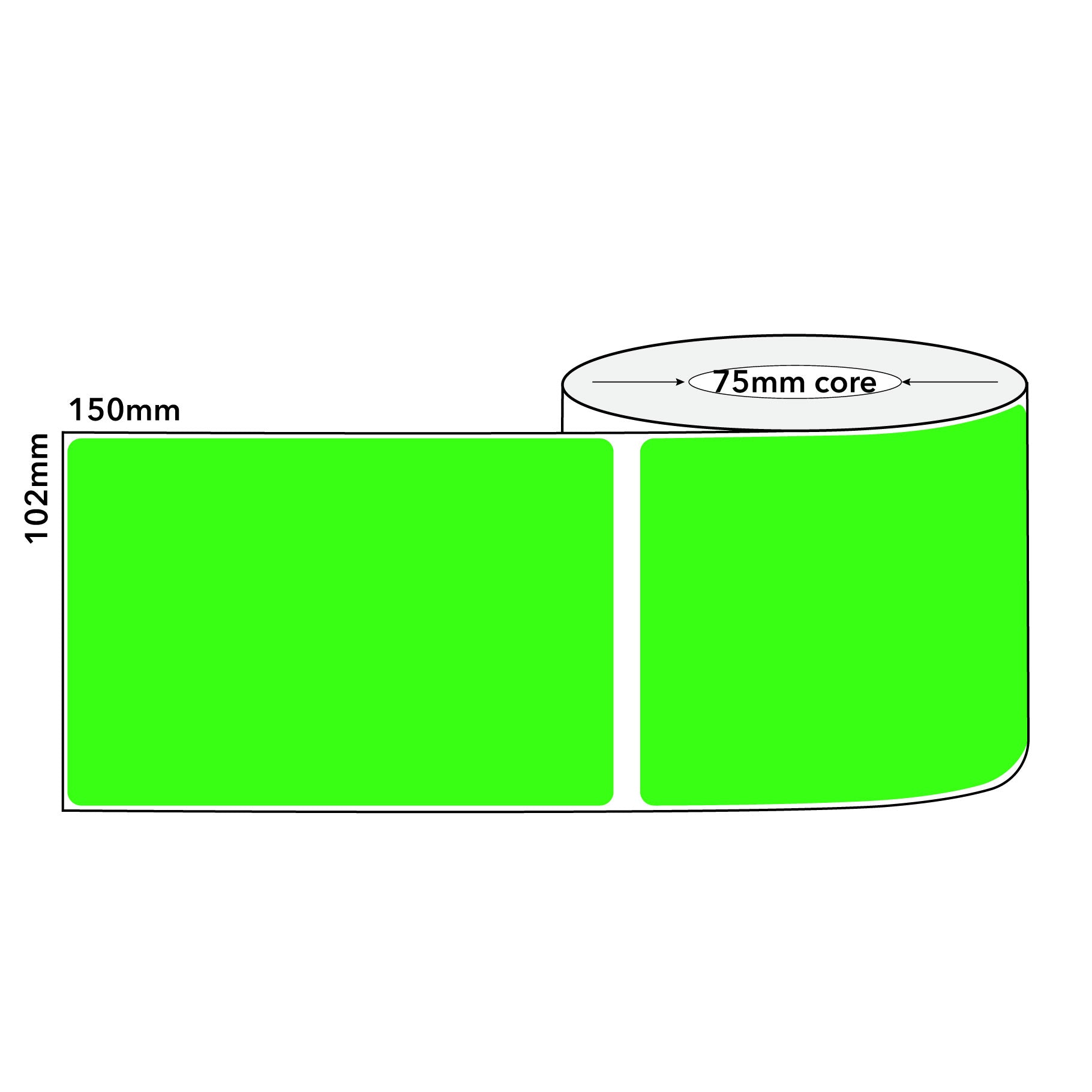 Thermal Direct Label Paper Fl. Green Permanent 102mm x 152mm Perf. 1000/roll 76mm core - Omni Packaging 