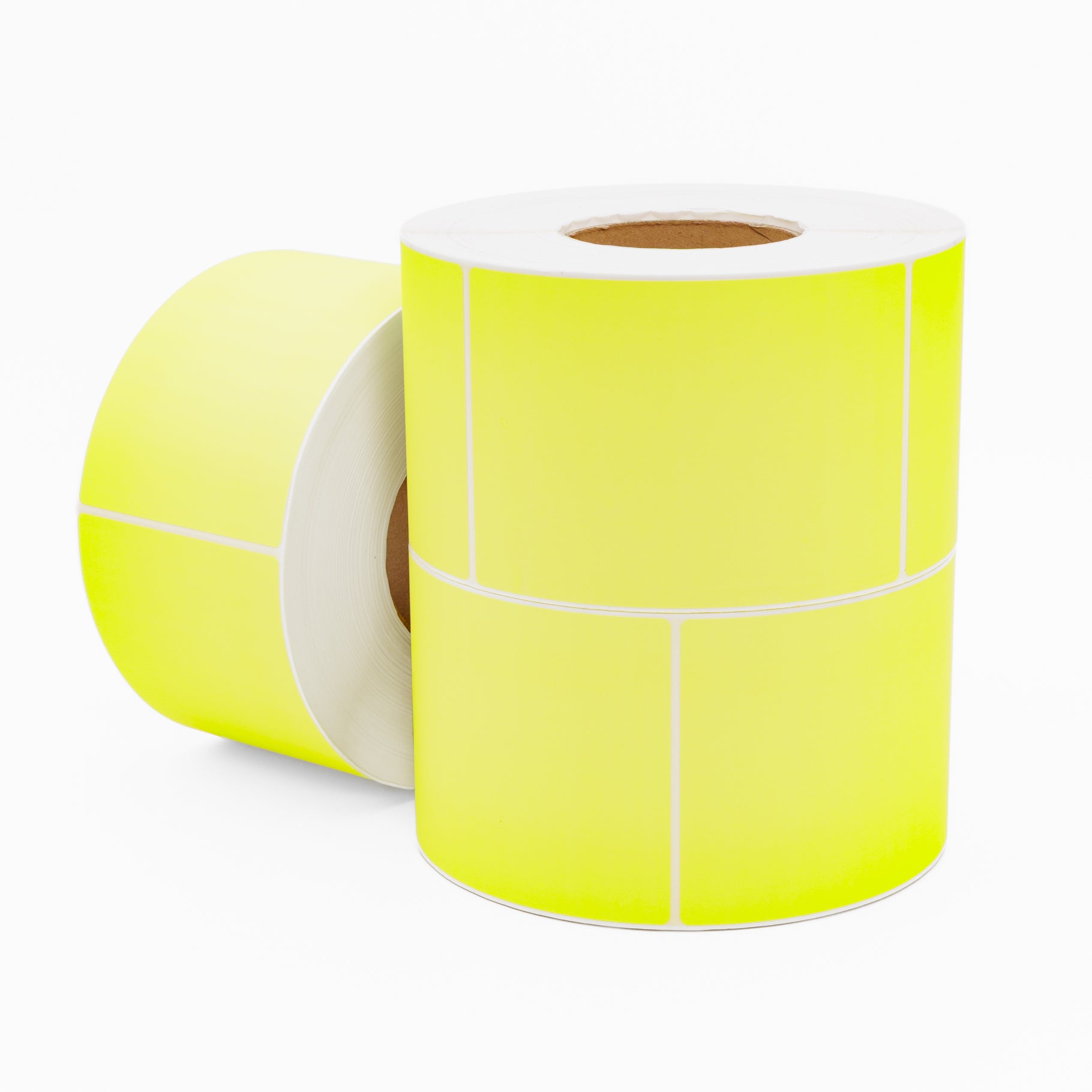 Thermal Direct Label Paper Fl. Yellow Permanent 102mm x 152mm Perf. 1000/roll 76mm core - Omni Packaging 