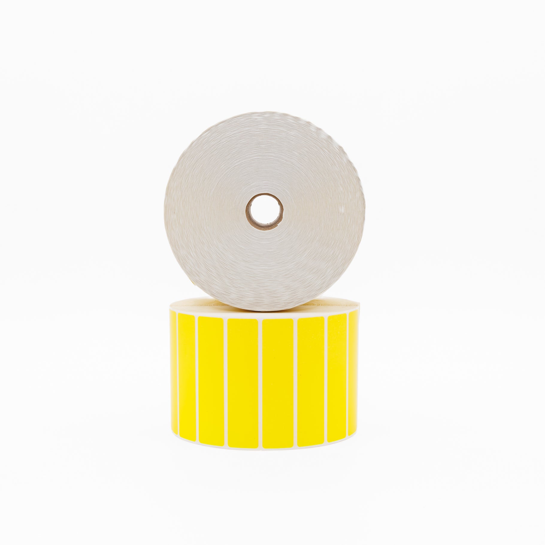 Thermal Direct Label Paper Yellow Permanent 102mm x 25mm Perf. 1300/roll 25mm core - Omni Packaging 