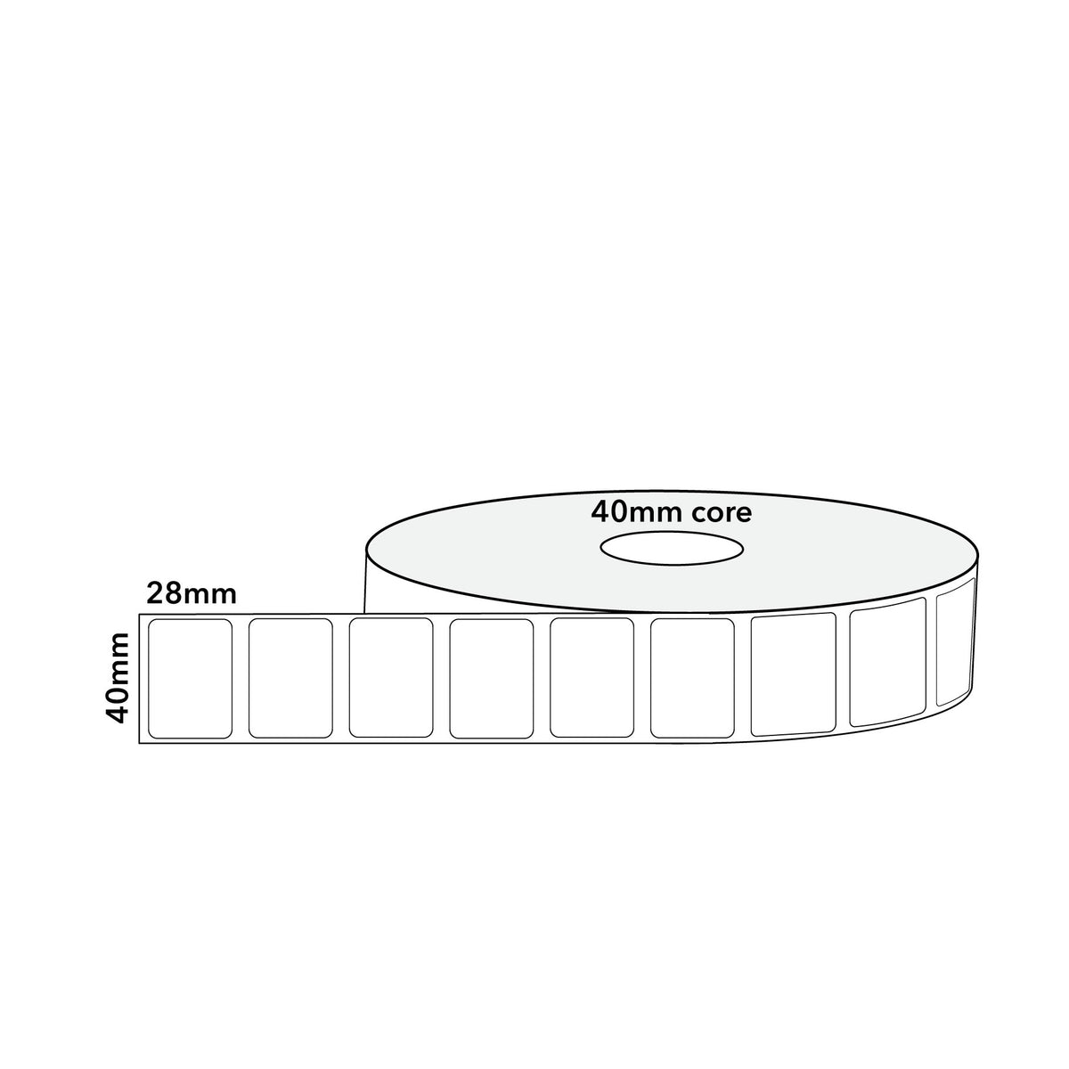 Thermal Direct Label Paper White Permanent 40mm x 28mm Perf. 1250/roll 25mm core - Omni Packaging 