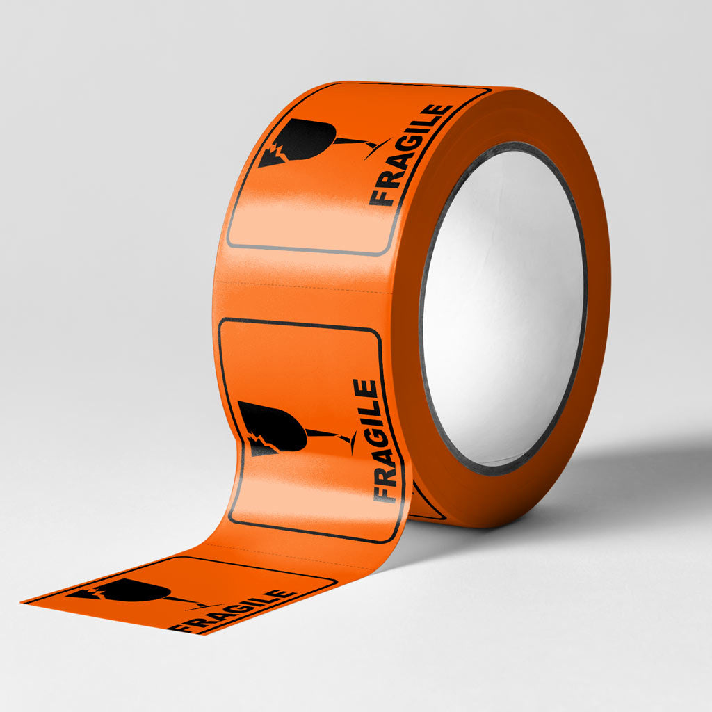 FRAGILE Label - PVC Perforated Orange 72mm X 100mm 500/roll - Omni Packaging 