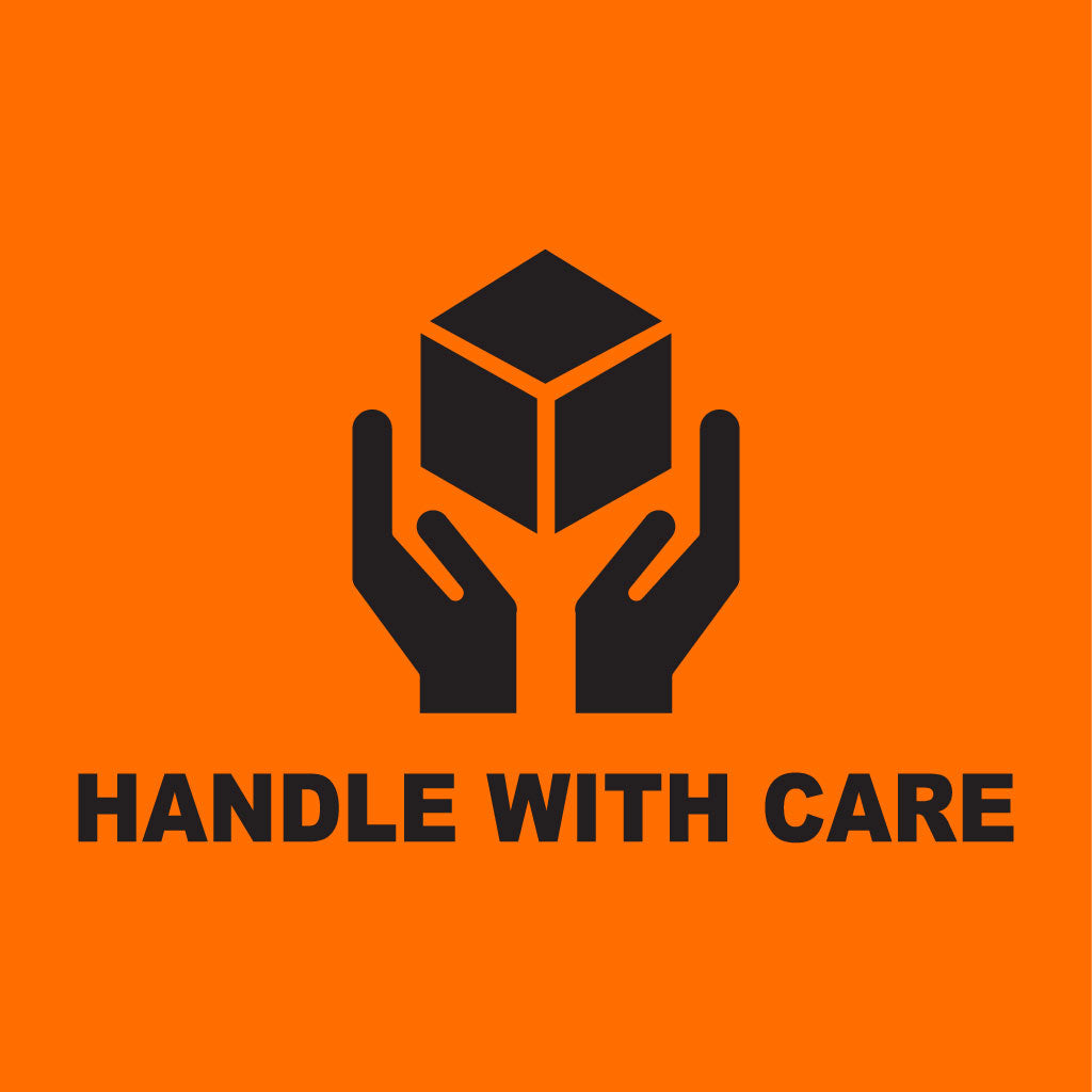 HANDLE WITH CARE Label - PVC Perforated Orange 72mm X 100mm 500/roll - Omni Packaging 