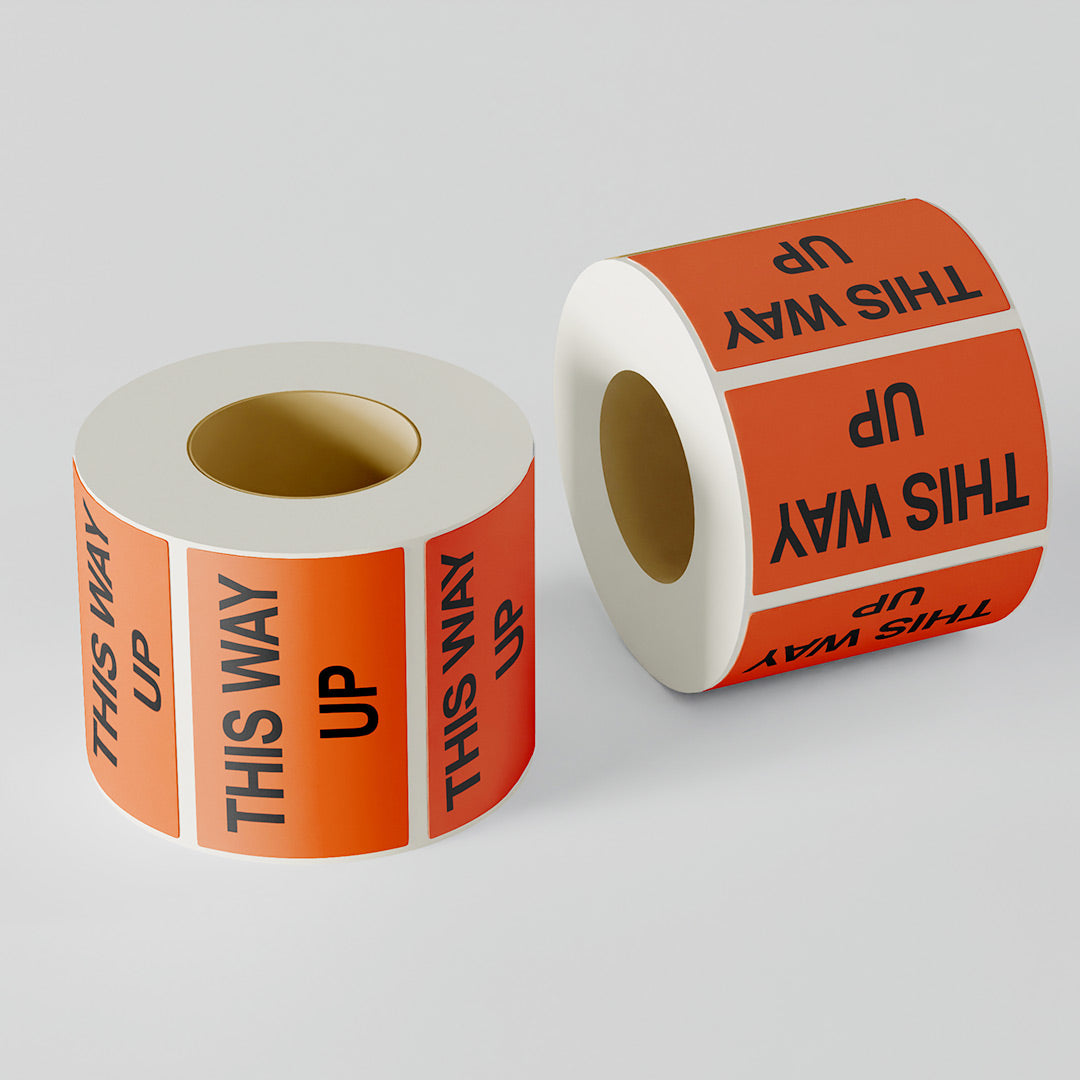 THIS WAY UP Sticker - Printed Stickers Orange 72mm x 100mm 500/roll - Omni Packaging 