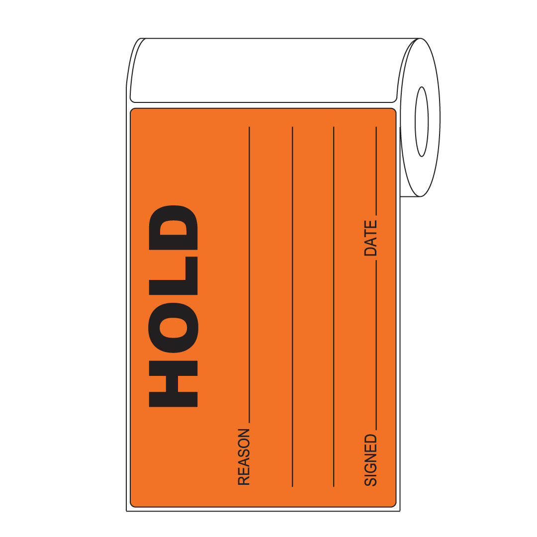 HOLD Sticker – Quality Control Sticker Orange 100mm x 150mm 500/roll - Omni Packaging 