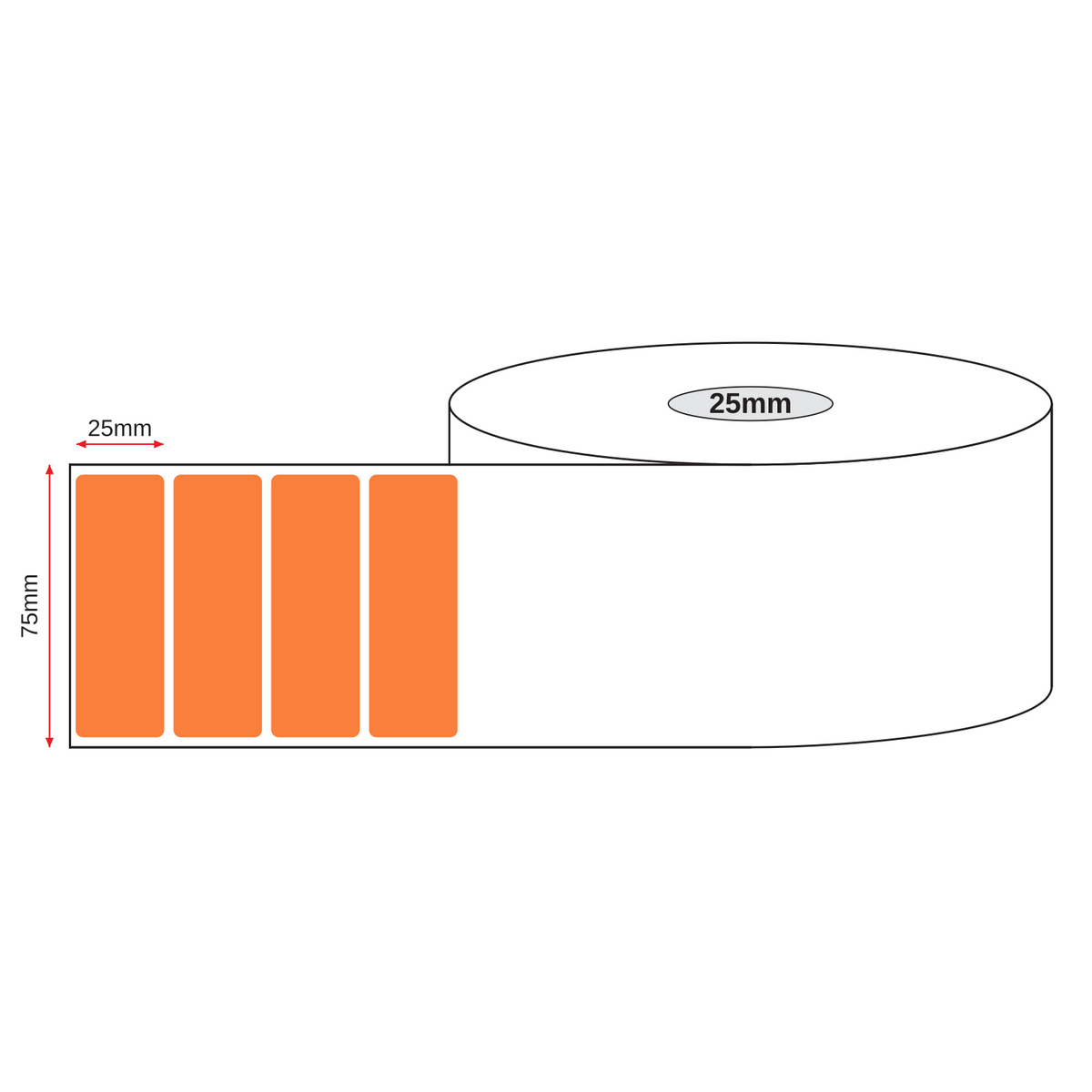 Thermal Direct Label Paper Orange Permanent 75mm x 25mm Perf. 1300/roll 25mm core - Omni Packaging 