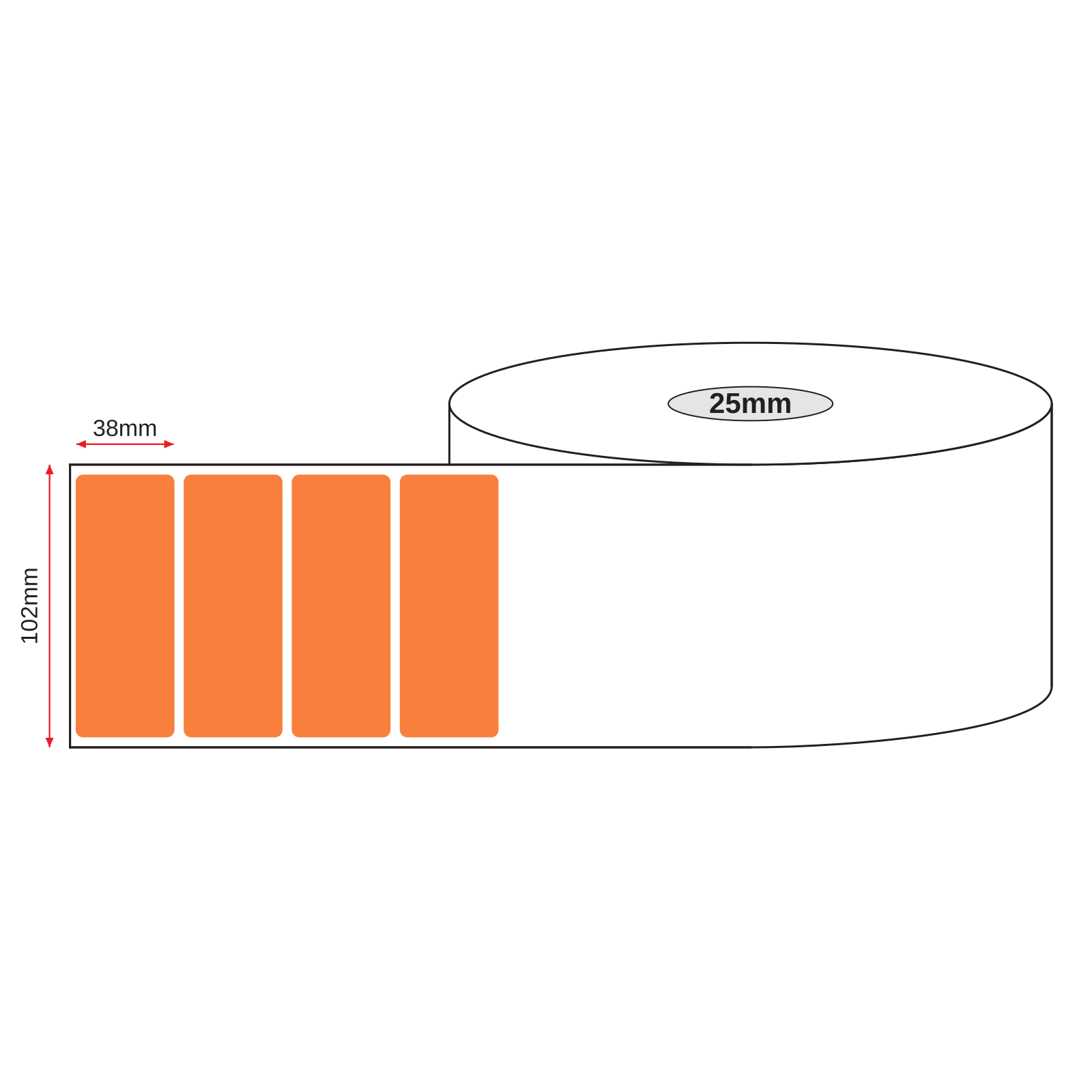 Thermal Direct Label Paper Orange Permanent 102mm x 38mm Perf. 900/roll 25mm core - Omni Packaging 