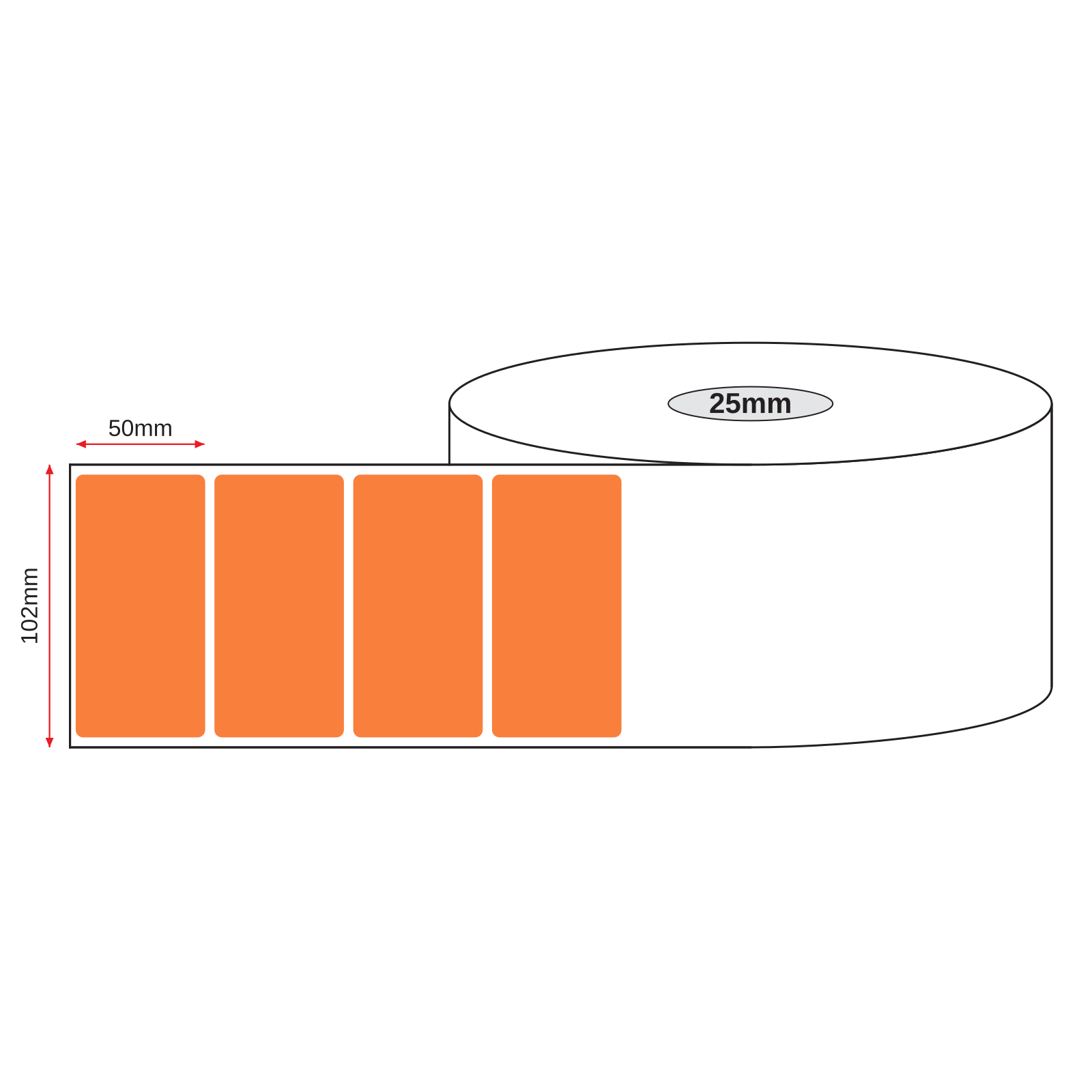 Thermal Direct Label Paper Orange Permanent 102mm x 50mm Perf. 700/roll 25mm core - Omni Packaging 