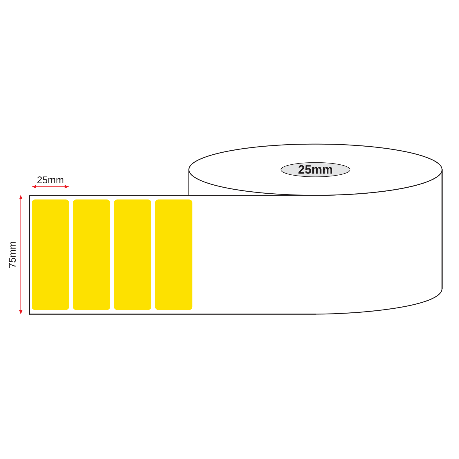 Thermal Direct Label Paper Yellow Permanent 75mm x 25mm Perf. 1300/roll 25mm core - Omni Packaging 