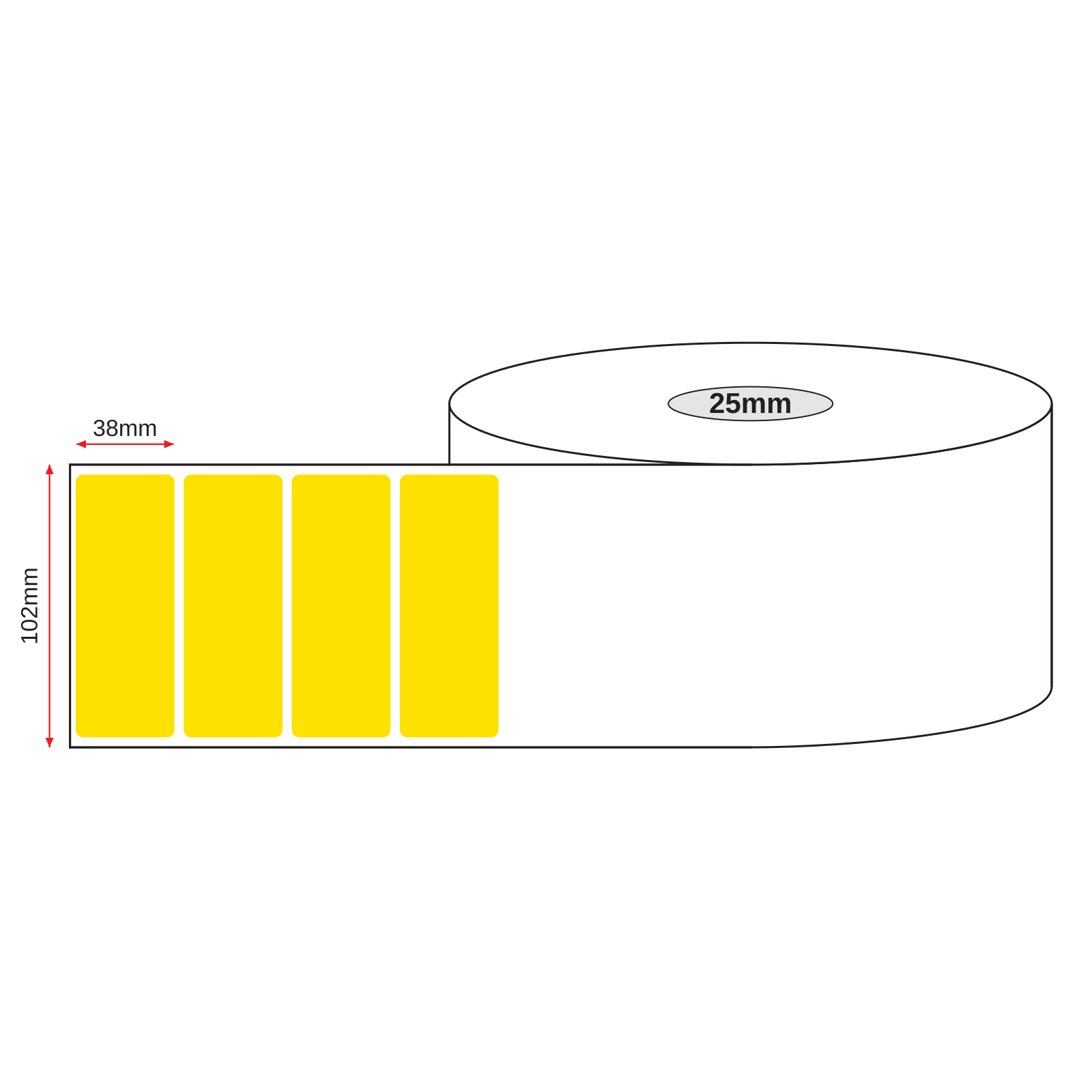 Thermal Direct Label Paper Yellow Permanent 102mm x 38mm Perf. 900/roll 25mm core - Omni Packaging 