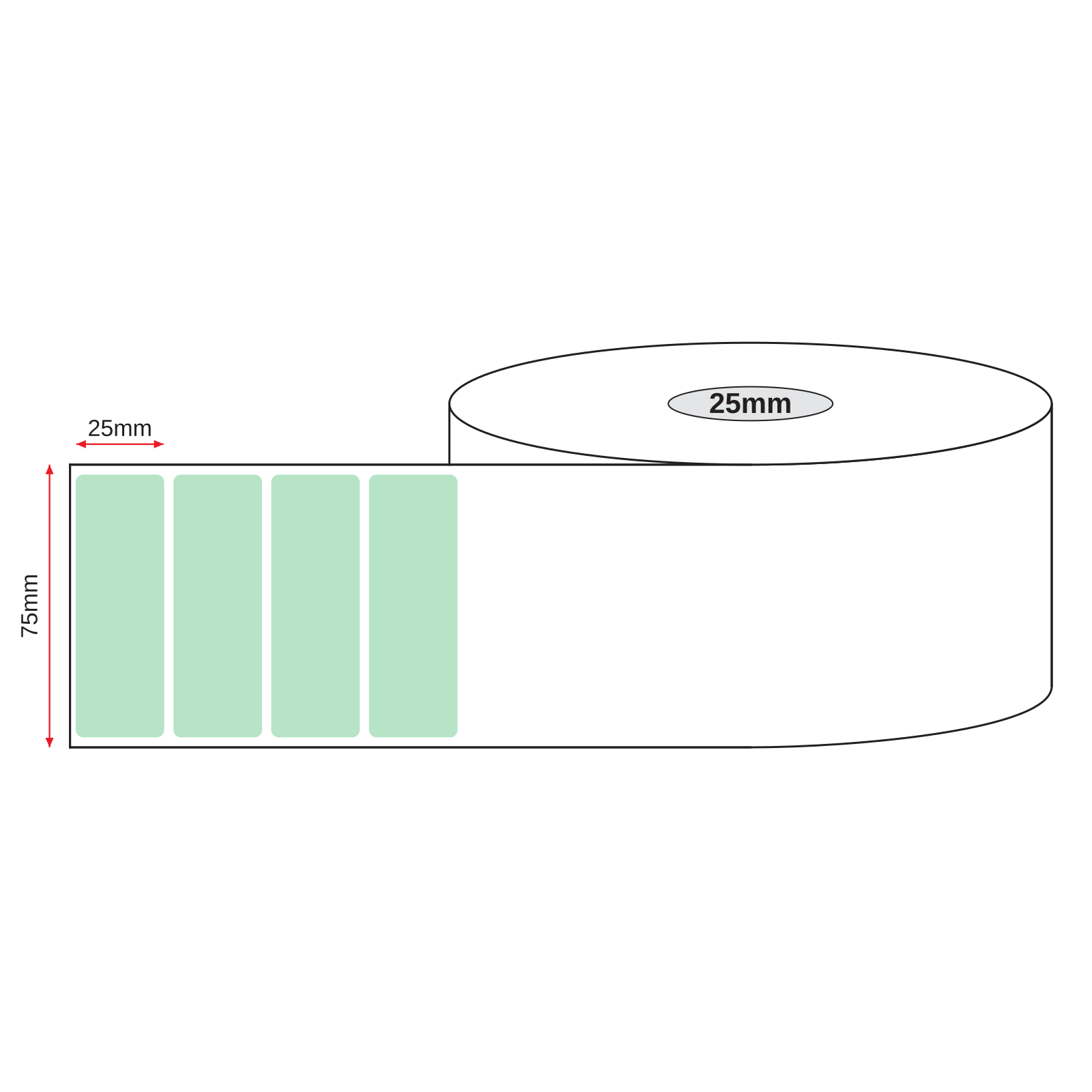 Thermal Direct Label Paper Green Permanent 75mm x 25mm Perf. 1300/roll 25mm core - Omni Packaging 