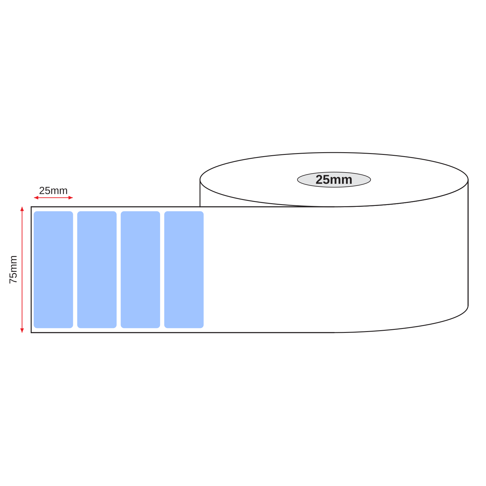 Thermal Direct Label Paper Blue Permanent 75mm x 25mm Perf. 1300/roll 25mm core - Omni Packaging 