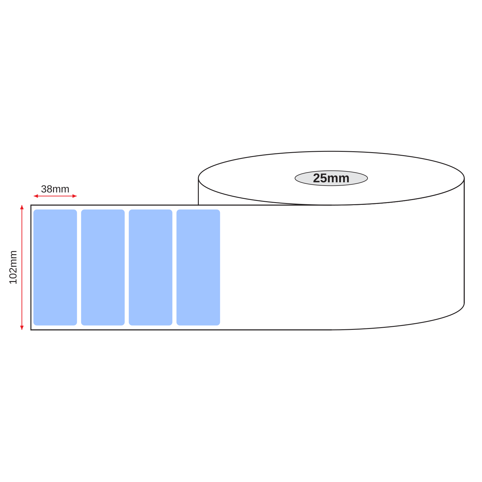 Thermal Direct Label Paper Blue Permanent 102mm x 38mm Perf. 900/roll 25mm core - Omni Packaging 