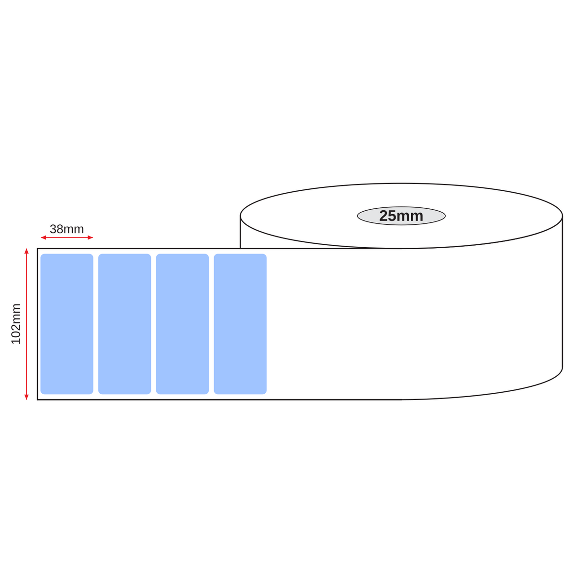 Thermal Direct Label Paper Blue Permanent 102mm x 38mm Perf. 900/roll 25mm core - Omni Packaging 