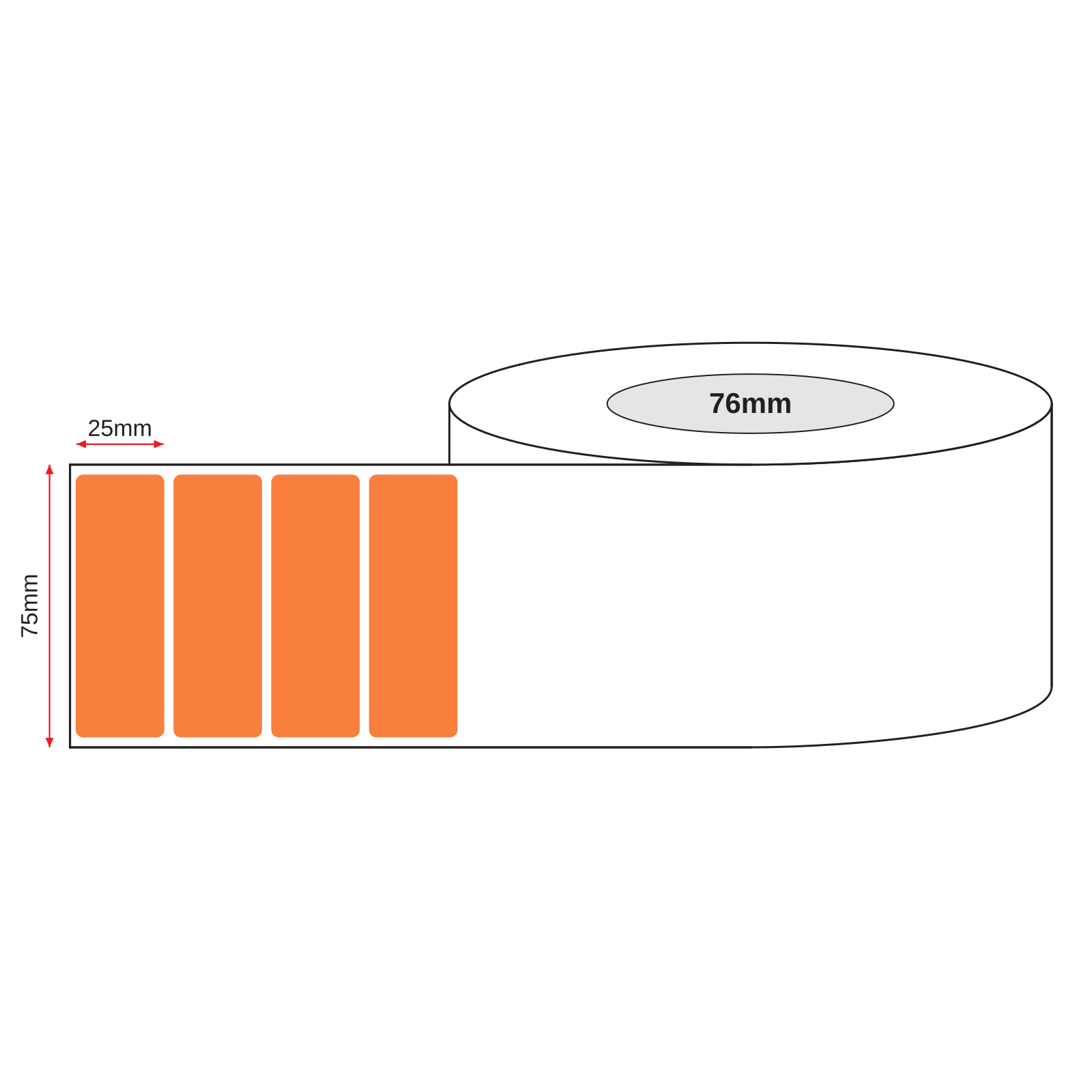 Thermal Direct Label Paper Orange Permanent 75mm x 25mm Perf. 5100/roll 76mm core - Omni Packaging 