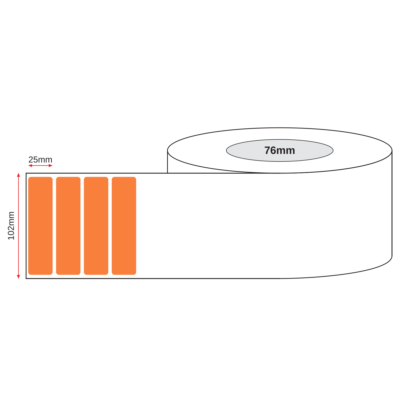 Thermal Direct Label Paper Orange Permanent 102mm x 25mm Perf. 5100/roll 76mm core - Omni Packaging 