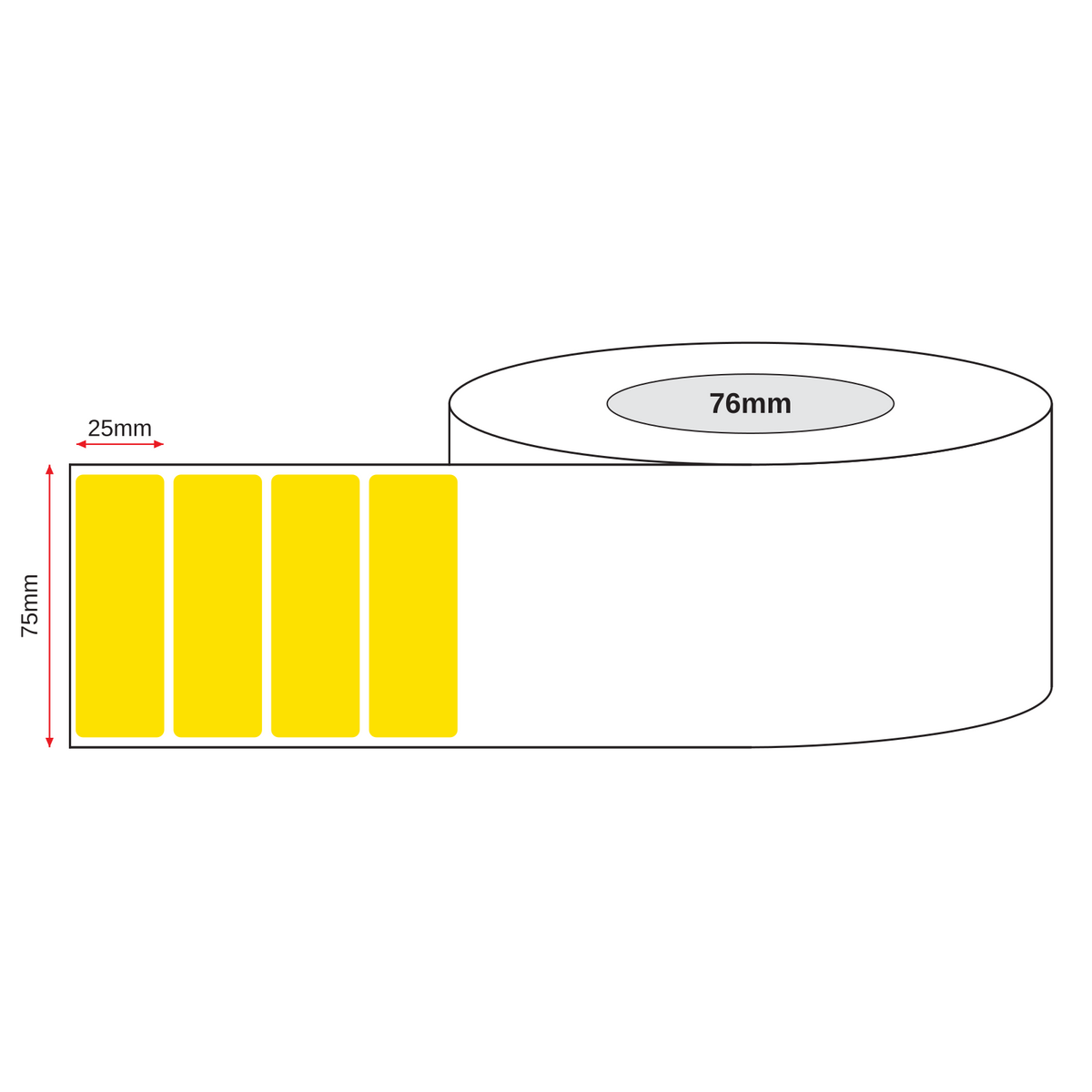 Thermal Transfer Label Paper Yellow Permanent 75mm x 25mm Perf. 5100/roll 76mm core - Omni Packaging 