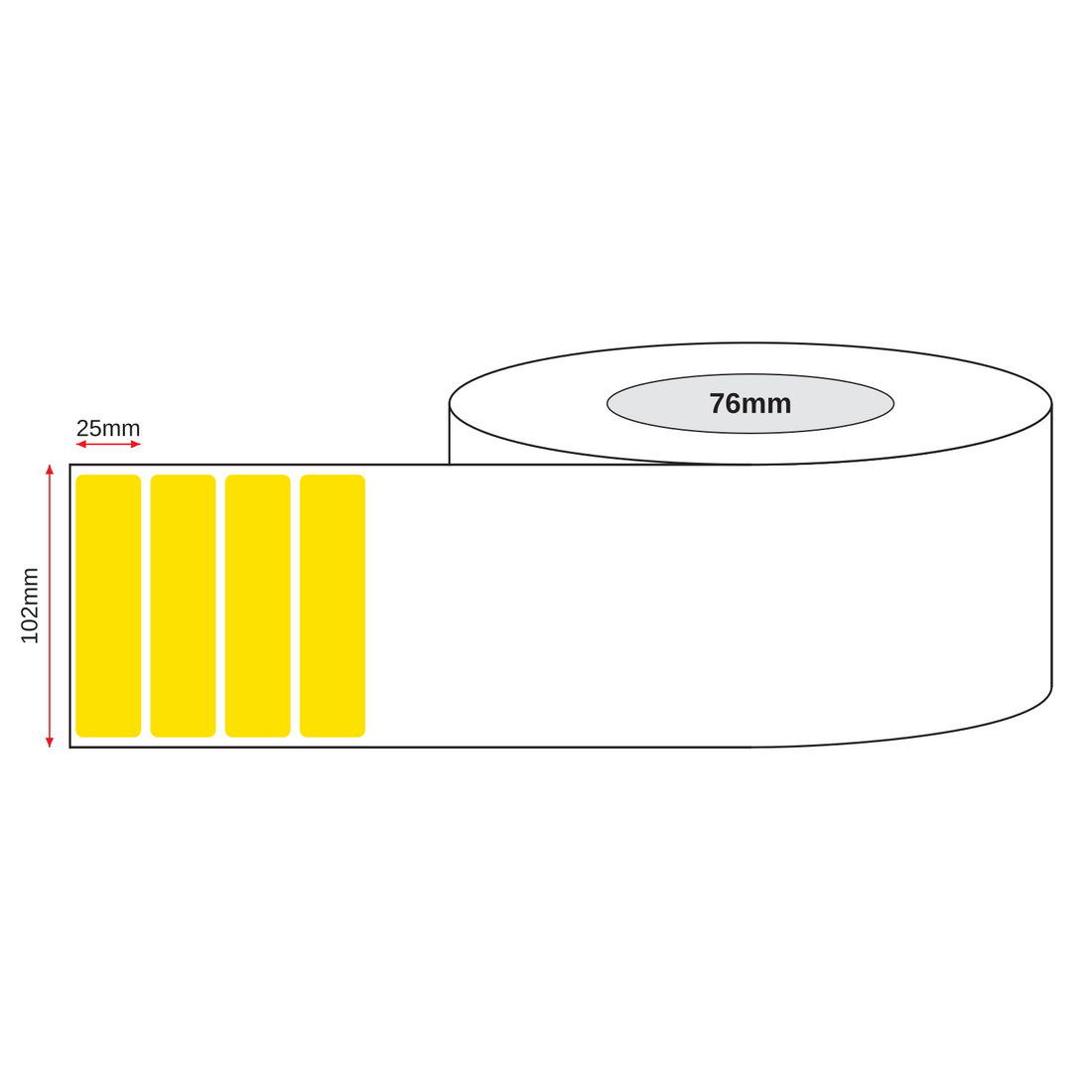 Thermal Transfer Label Paper Yellow Permanent 102mm x 25mm Perf. 5100/roll 76mm core - Omni Packaging 