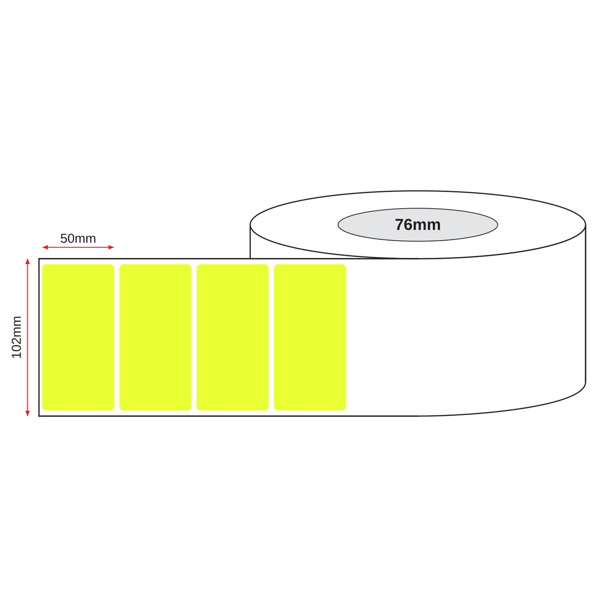 Thermal Direct Label Paper Fl. Yellow Permanent 102mm x 50mm Perf. 2740/roll 76mm core - Omni Packaging 