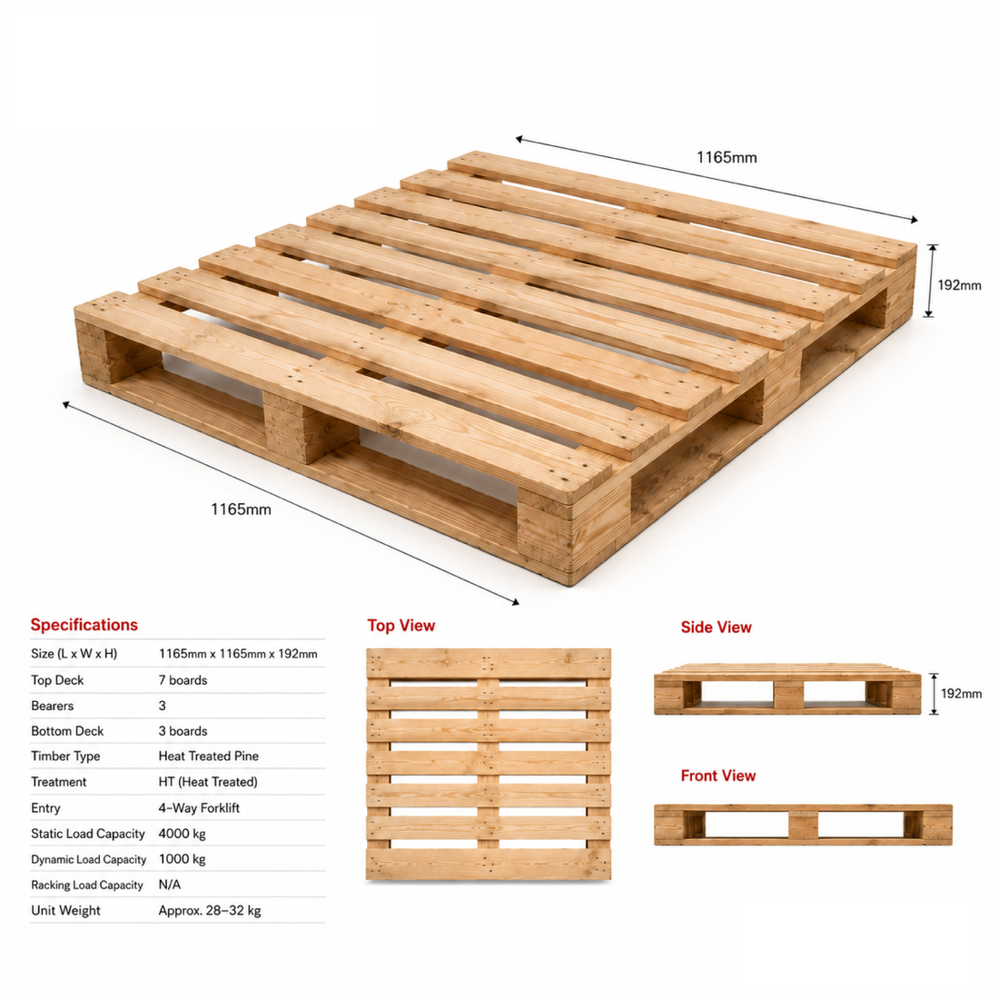 Wooden Pallets 1165mm x 1165mm - HT192 | 7/top 3/bearer 3/bottom - Omni Packaging 