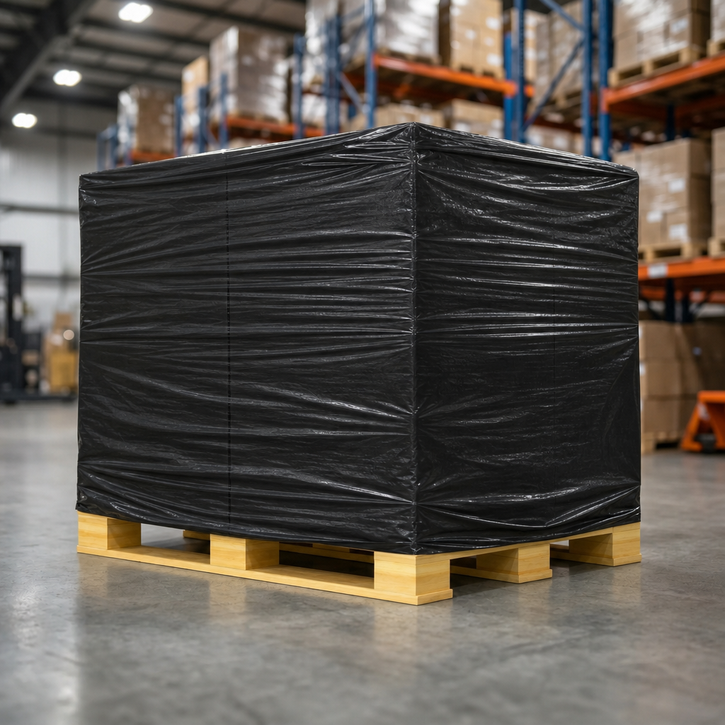Plastic Pallet Bags LDPE Black 1250mmW + 1250mmW x 1900mmL x 50um 50 per roll - Omni Packaging 
