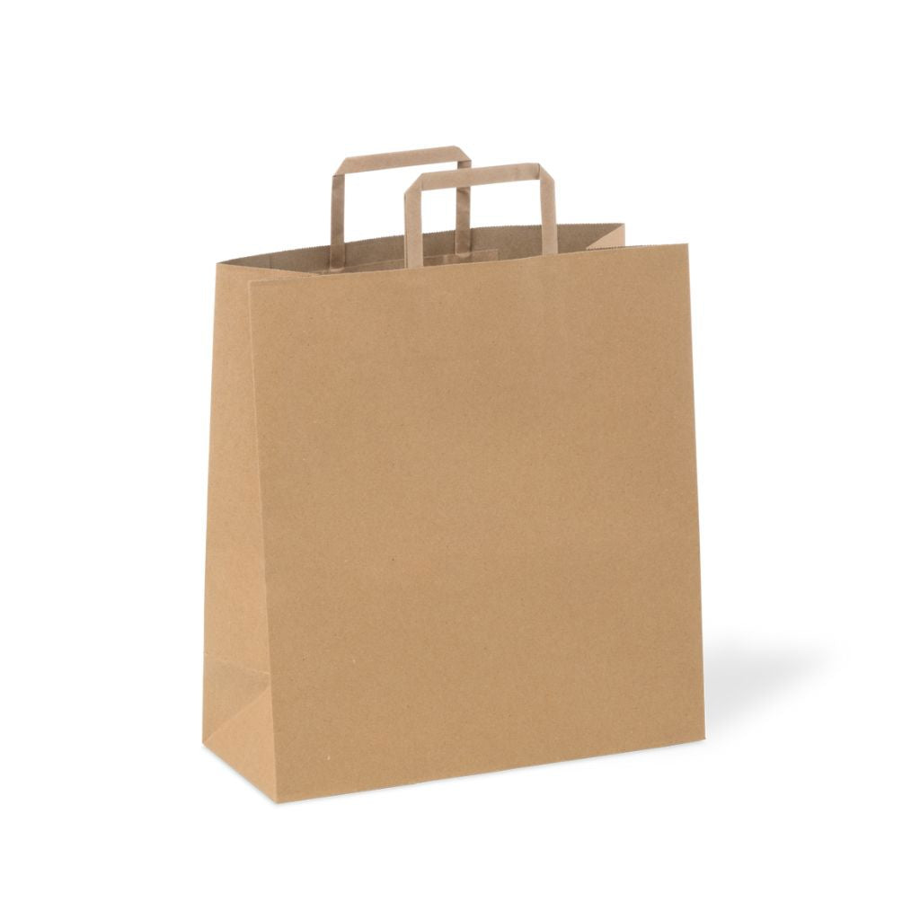Brown Paper Carry Bag with Handle 320mmW + 145mm Gusset x 340mmL (200 bags per ctn) - Omni Packaging 