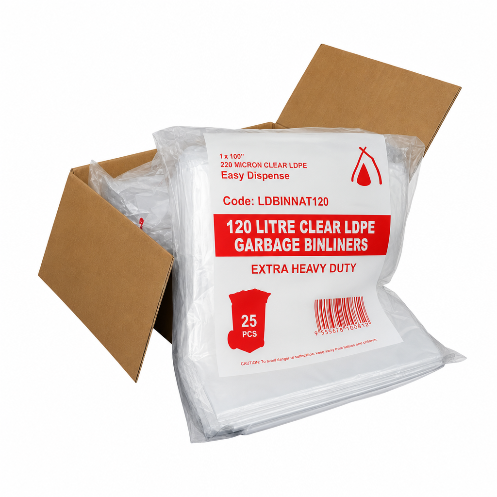 Bin Liners Garage Bags 120 Litre Clear 1100 x 950mm 30um 150/ctn - Omni Packaging 