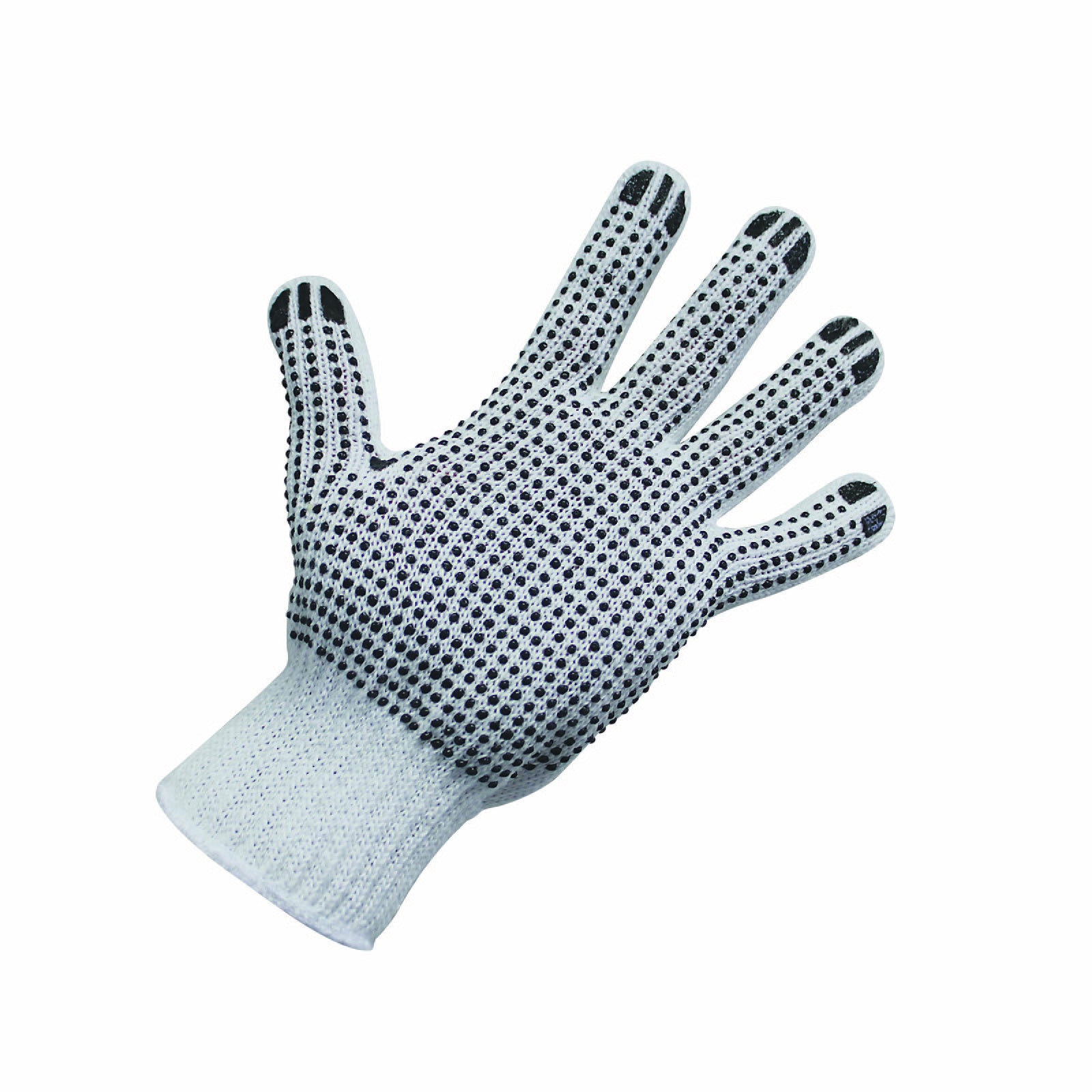 Poly Cotton Gloves with Black PVC Dots, Bleached, 7 Gauge, Ambidextrous, Large - Omni Packaging 